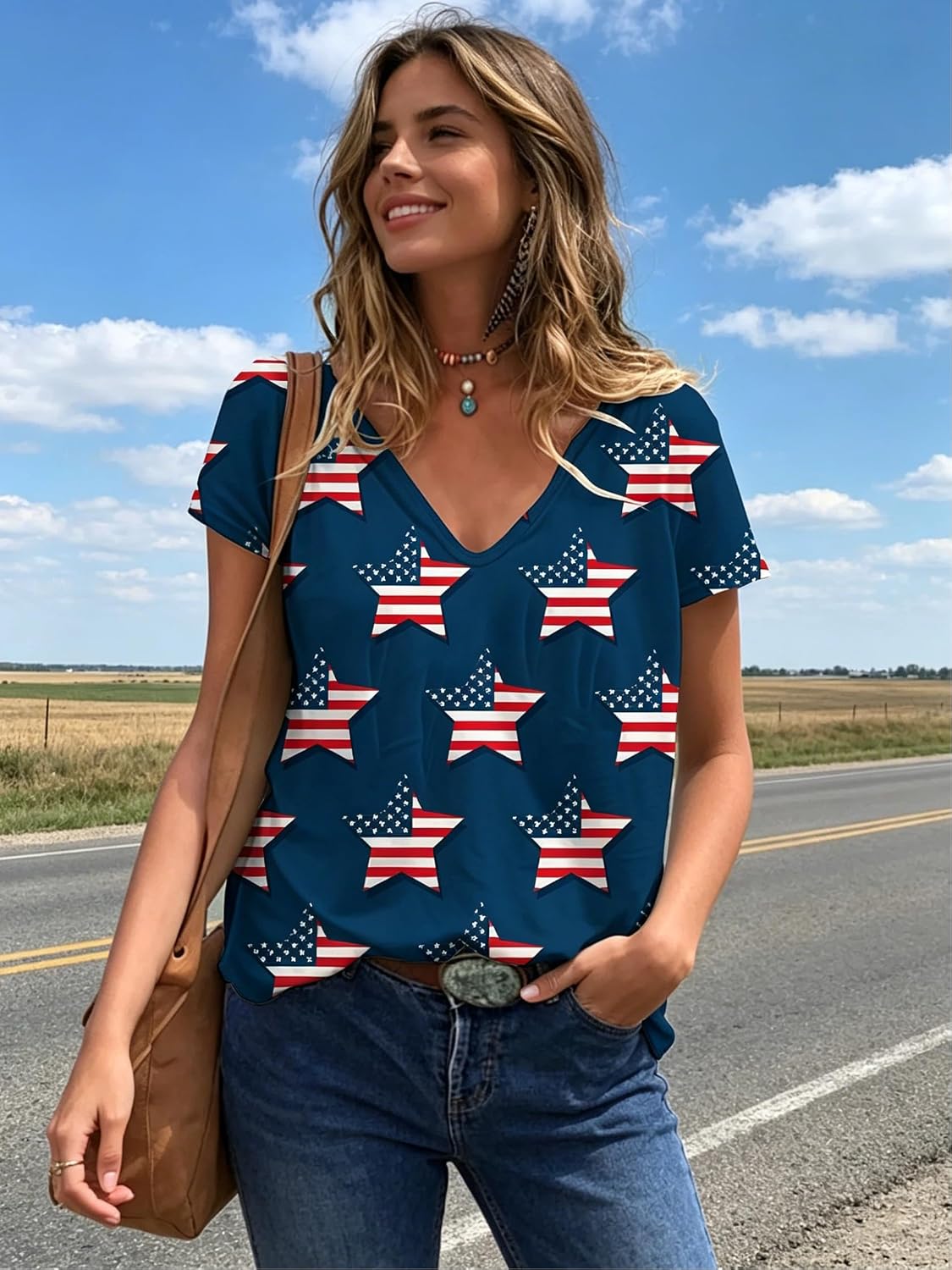 商品图片 3 | B0H4KKXKVY | Women's 4th of July American Flag Print T-Shirt, V Neck Short Sleeve Patriotic Casual Tops for Independence Day, Navy Blue