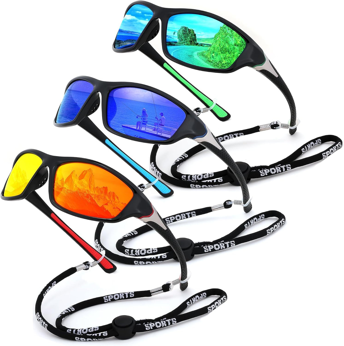 3pack-green+deep Blue+red / 60 Millimeters | B0FG2LHWHZ | FEISEDY 3 Pack Polarized Sports Sunglasses for Men, Wrap Around Frame, UV400 Protection, Fishing Driving Cycling B2674