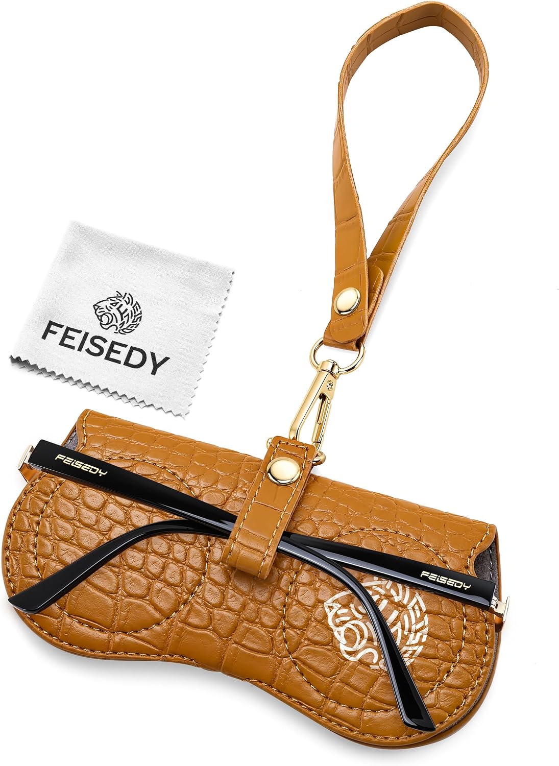 Ginger Yellow | B0H4R3BG58 | FEISEDY Soft Crocodile Textured Leather Sunglass Bag, Portable Glasses Pouch With Button Clip Wrist Strap B0366
