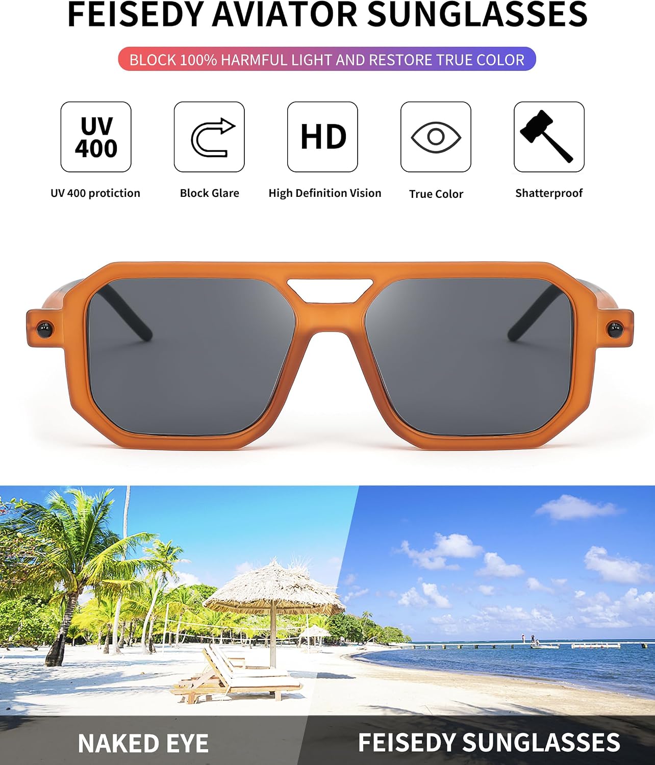 商品图片 157 | B09YTJ4FQZ | FEISEDY Vintage Square 70s Flat Aviator Sunglasses Women Men Classic Retro Stylish Frame UV400 Sunglasses B2622