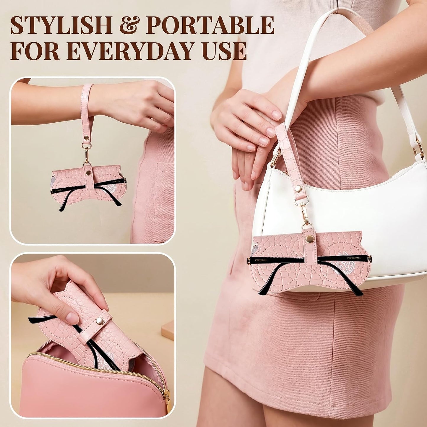 商品图片 15 | B0H4QTYMQP | FEISEDY Soft Crocodile Textured Leather Sunglass Bag, Portable Glasses Pouch With Button Clip Wrist Strap B0366