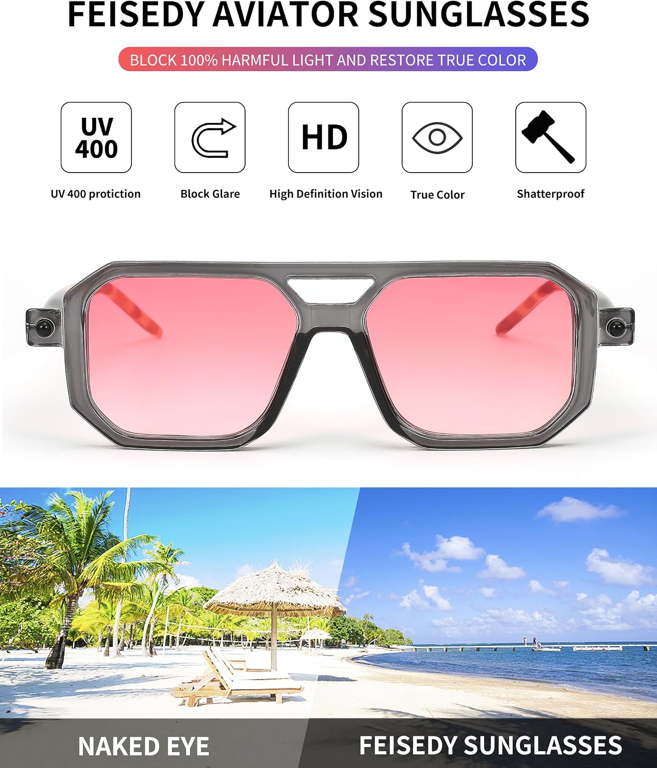 商品图片 23 | B09YTJ4FQZ | FEISEDY Vintage Square 70s Flat Aviator Sunglasses Women Men Classic Retro Stylish Frame UV400 Sunglasses B2622
