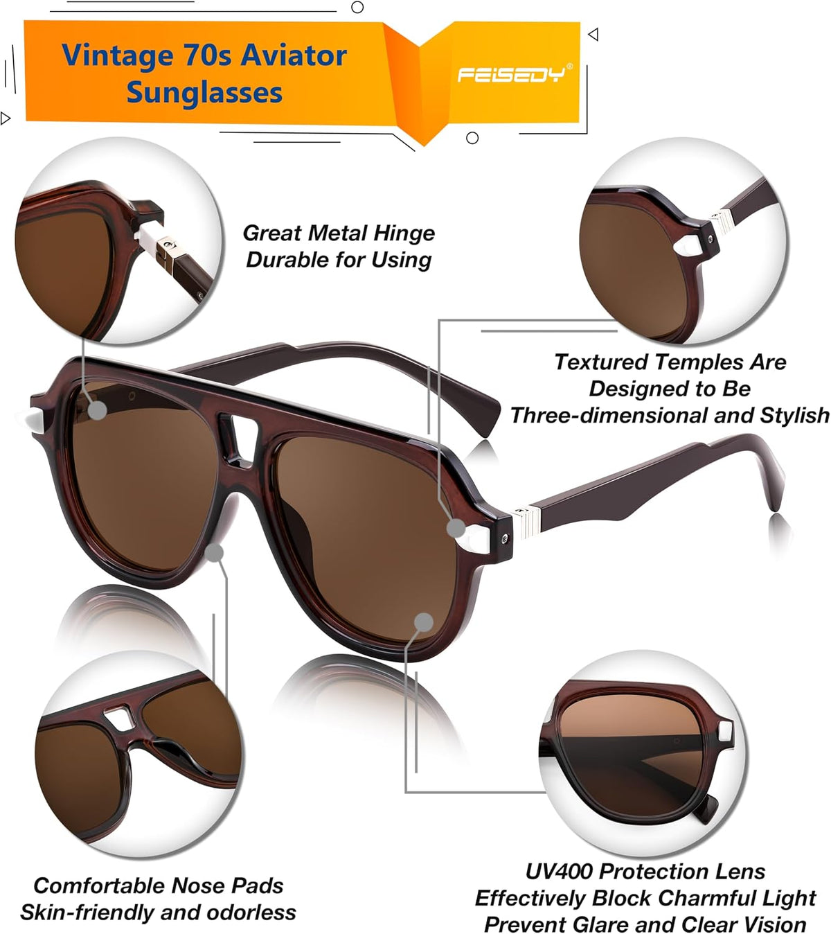 ÉÌƷͼƬ 26 | B0CDGNN3ZN | FEISEDY Vintage 70s Aviator Sunglasses Men Women Classic Retro Trendy Large Frame UV400 Sun Glasses B0030
