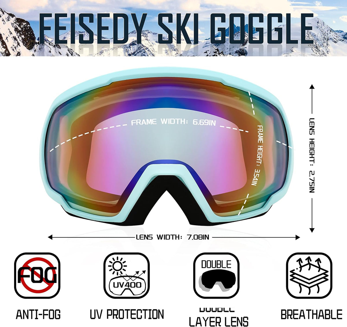 商品图片 34 | B0GHRB6WCQ | FEISEDY Ski Goggles, OTG Snow Sport Goggles for Adult Youth, Anti-Fog UV400 Protection Bendable Dual-Lenses B2961