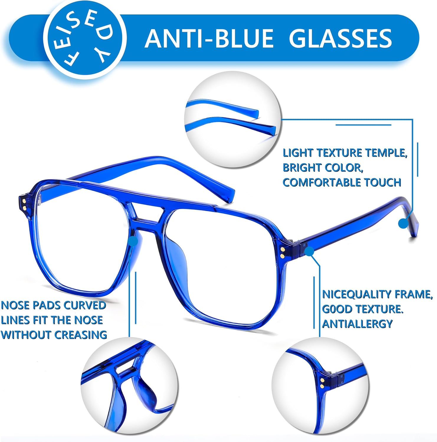 商品图片 53 | B0C6ZZXZ3F | FEISEDY Blue Light Glasses for Women Men Oversized Pilot Lightweight B2866