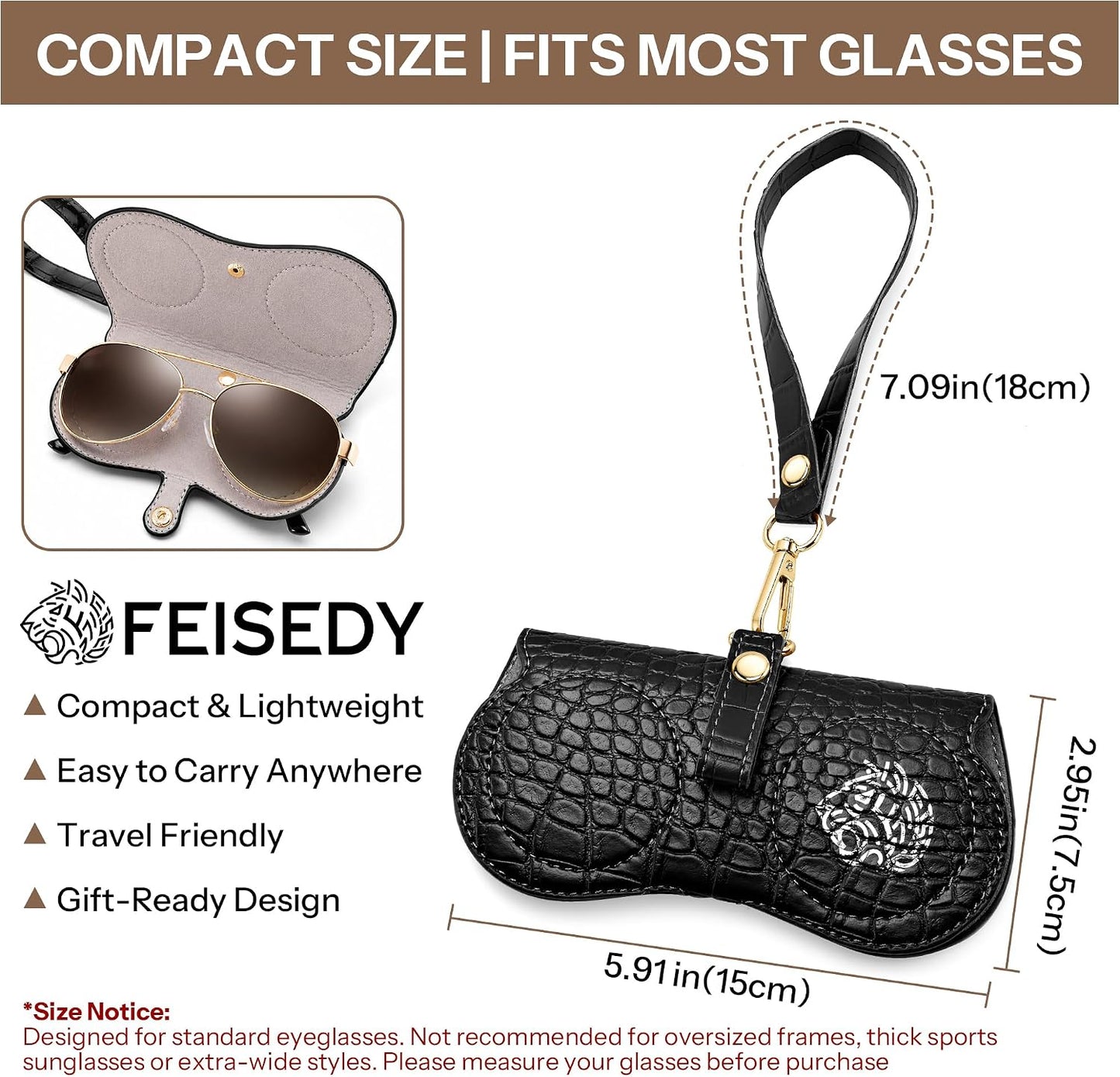 商品图片 27 | B0H4QTYMQP | FEISEDY Soft Crocodile Textured Leather Sunglass Bag, Portable Glasses Pouch With Button Clip Wrist Strap B0366