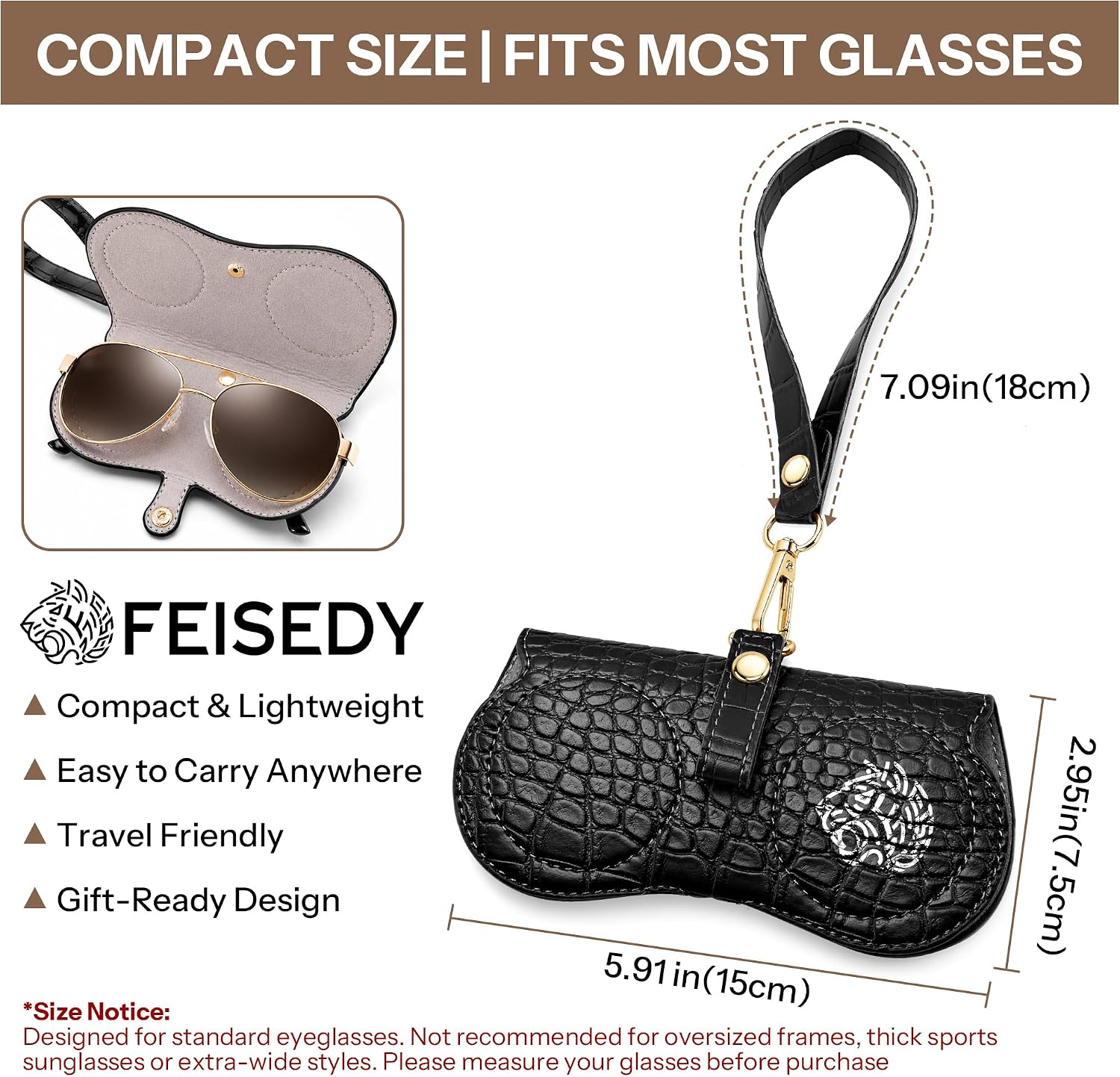 商品图片 27 | B0H4QTYMQP | FEISEDY Soft Crocodile Textured Leather Sunglass Bag, Portable Glasses Pouch With Button Clip Wrist Strap B0366