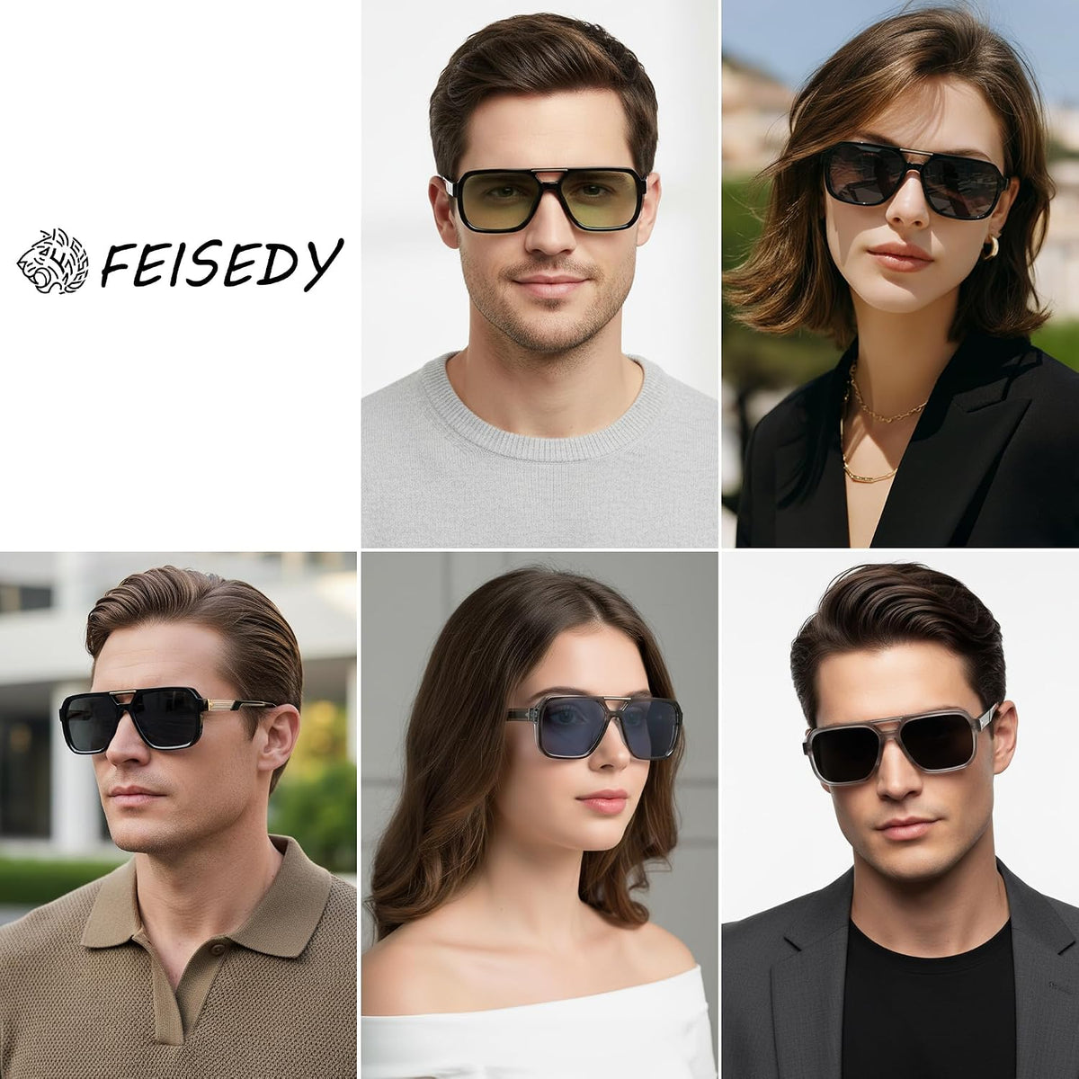 ÉÌƷͼƬ 5 | B0GLG5HZ1L | FEISEDY Retro Square Aviator Sunglasses for Men Women B0390