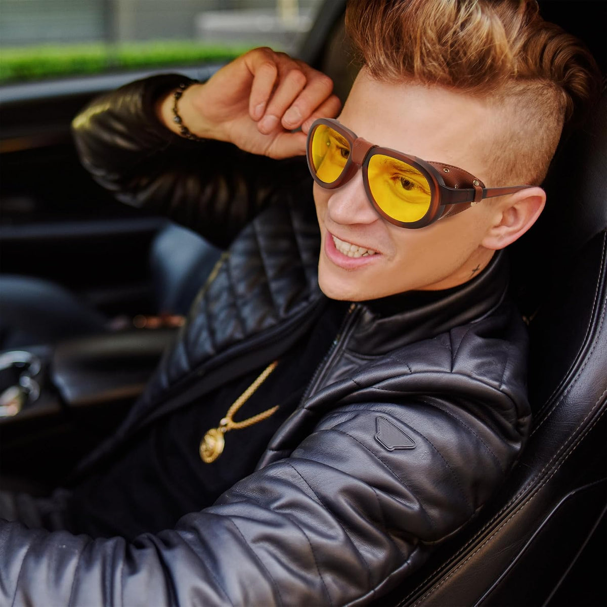 ÉÌƷͼƬ 2 | B0D5HMBR1X | FEISEDY Steampunk Sunglasses Women Men£¬Polarized Yellow Lens, Retro Round Vintage Frame Leatherwear B0159