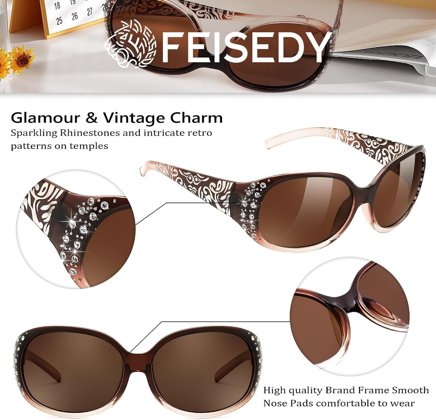 商品图片 37 | B0FZT6D16L | FEISEDY Women's Polarized Sunglasses Wrap Around Rhinestone Design Fashion Sunnies UV400 Protection B1091