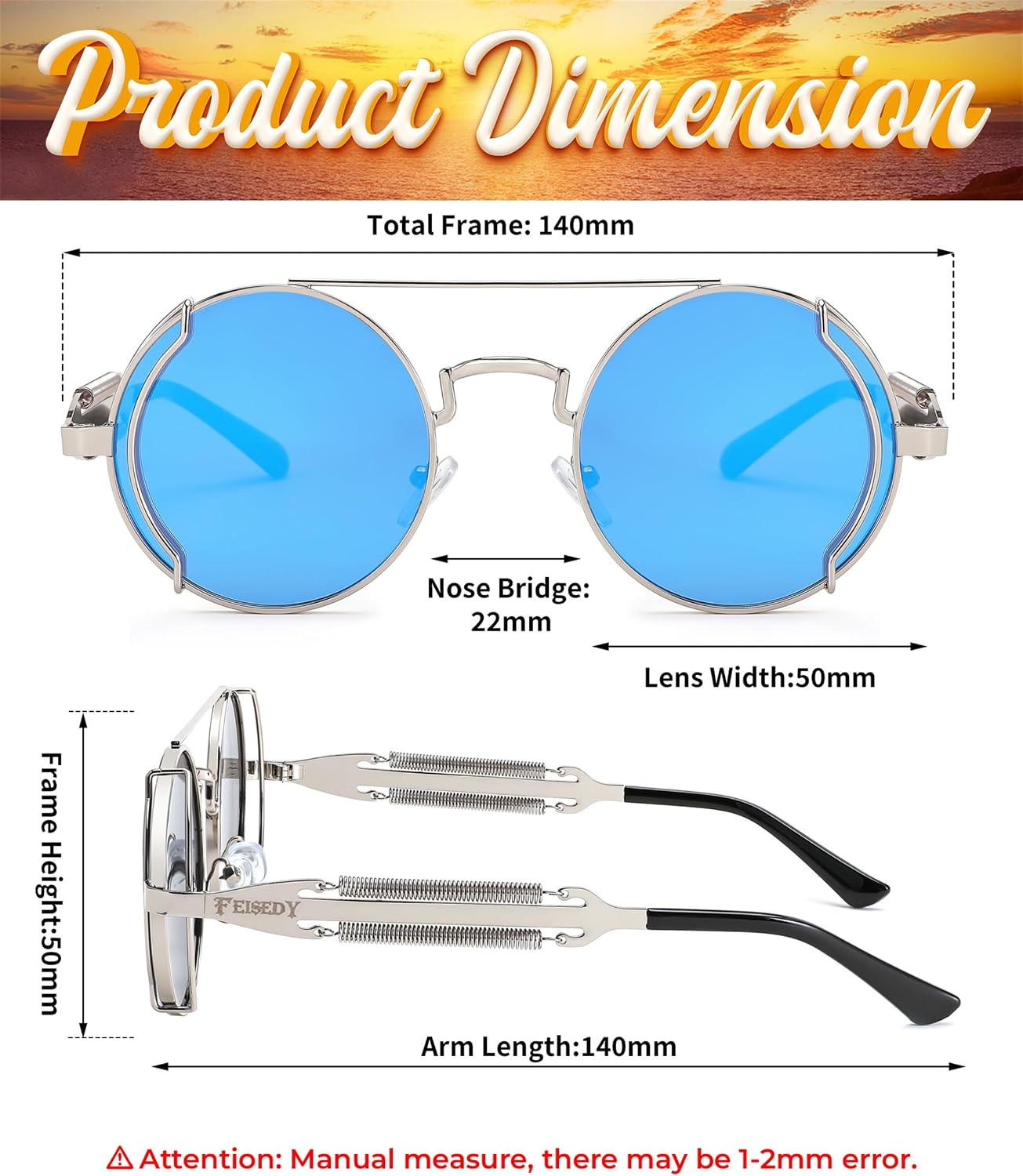 商品图片 17 | B0BD4MSMZQ | FEISEDY Aviator Sunglasses for Men Women Steampunk Round Metal Frame B2351