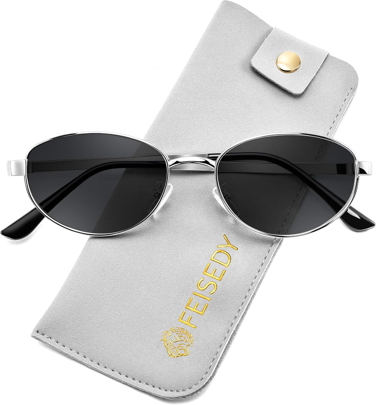 Silver Frame + Grey Lens / 54 Millimeters | B0GVDHNG8K | FEISEDY Oval Metal Sunglasses for Women and Men, Classic UV400 Protection Shades Retro Trendy Driving Fishing Eyewear B0430