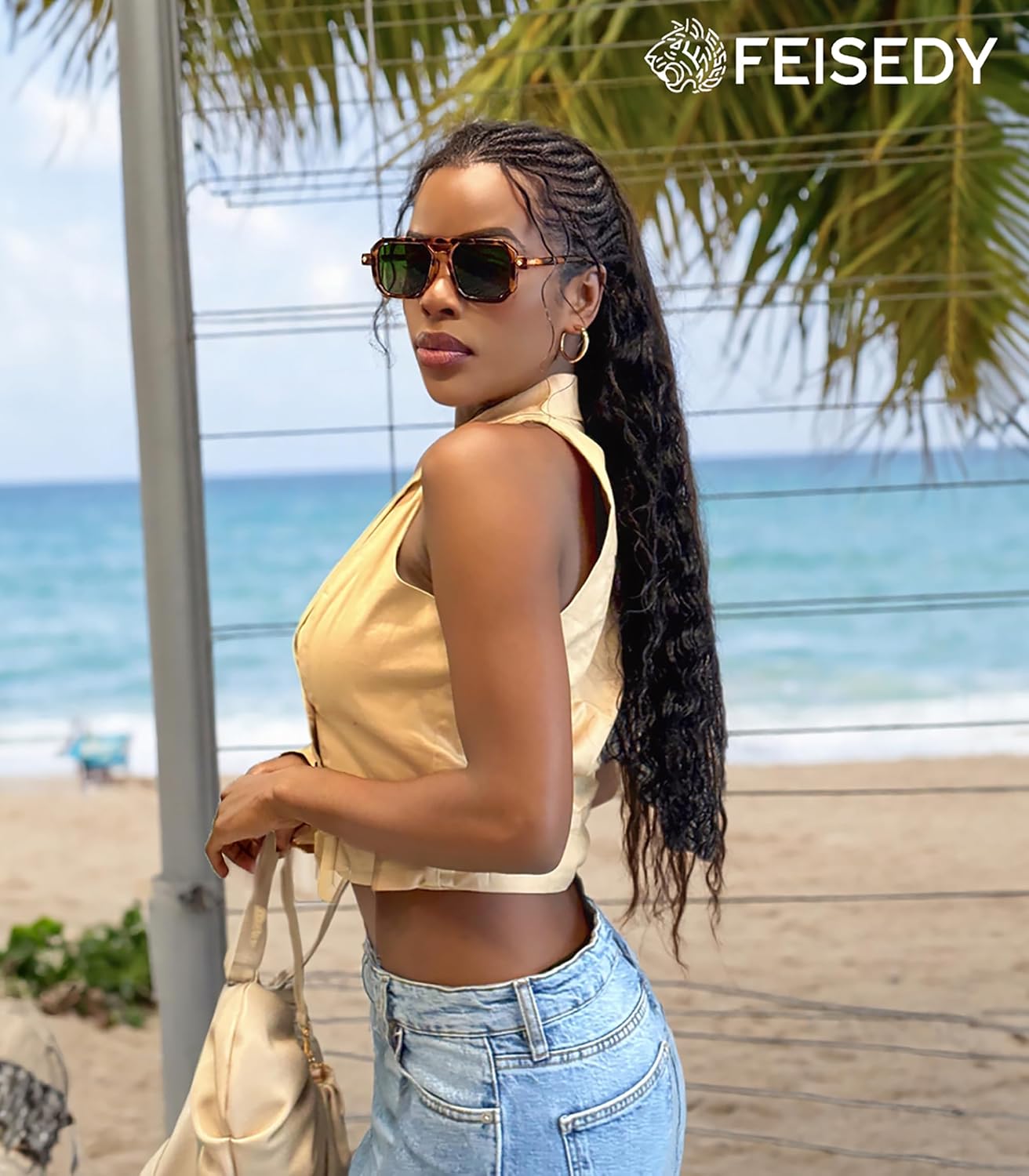 商品图片 198 | B09YTJ4FQZ | FEISEDY Vintage Square 70s Flat Aviator Sunglasses Women Men Classic Retro Stylish Frame UV400 Sunglasses B2622