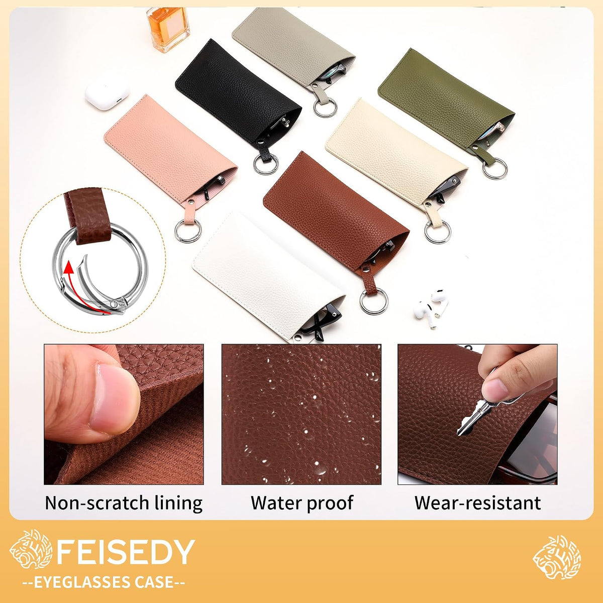 ÉÌƷͼƬ 9 | B0FKBLV8J9 | FEISEDY 2Pack Portable Glasses Case with Clip Hook, Soft Leather Eyeglass case Bag, Slim Sunglasses Pouch B0313
