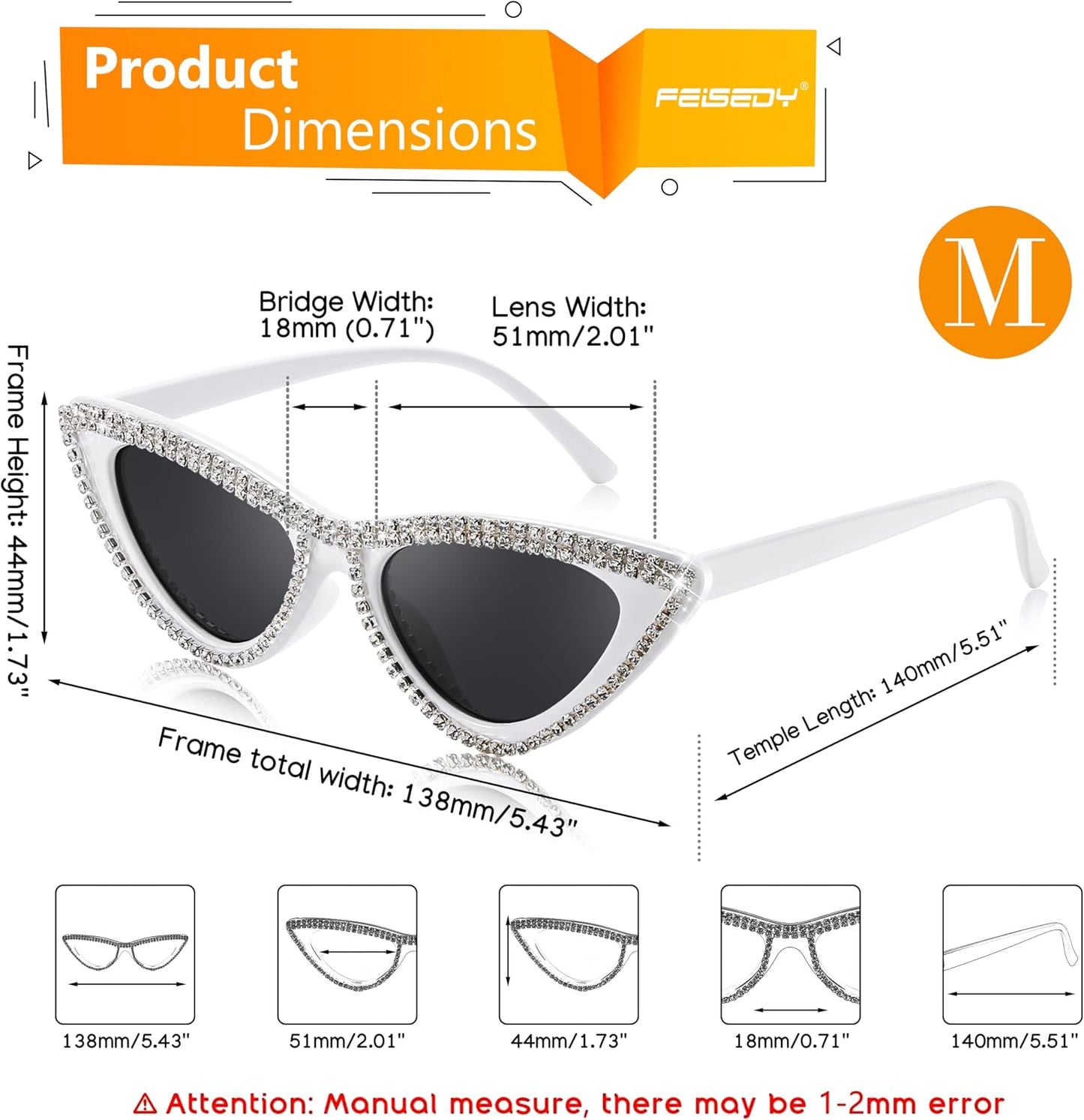 商品图片 13 | B0BZ7YMM4F | FEISEDY Oversized Women Cat Eye Rhinestone Sunglasses Costume Party B2360