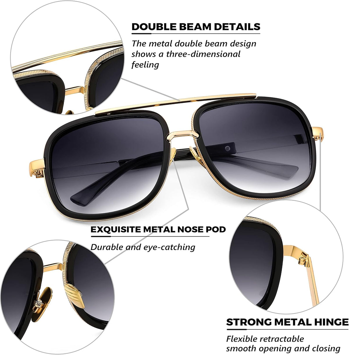 ÉÌƷͼƬ 5 | B0B681YMF5 | FEISEDY Retro Trendy Aviator Sunglasses Women Men Classic Vintage Square Sunglasses 70s Large Metal Shades B2321