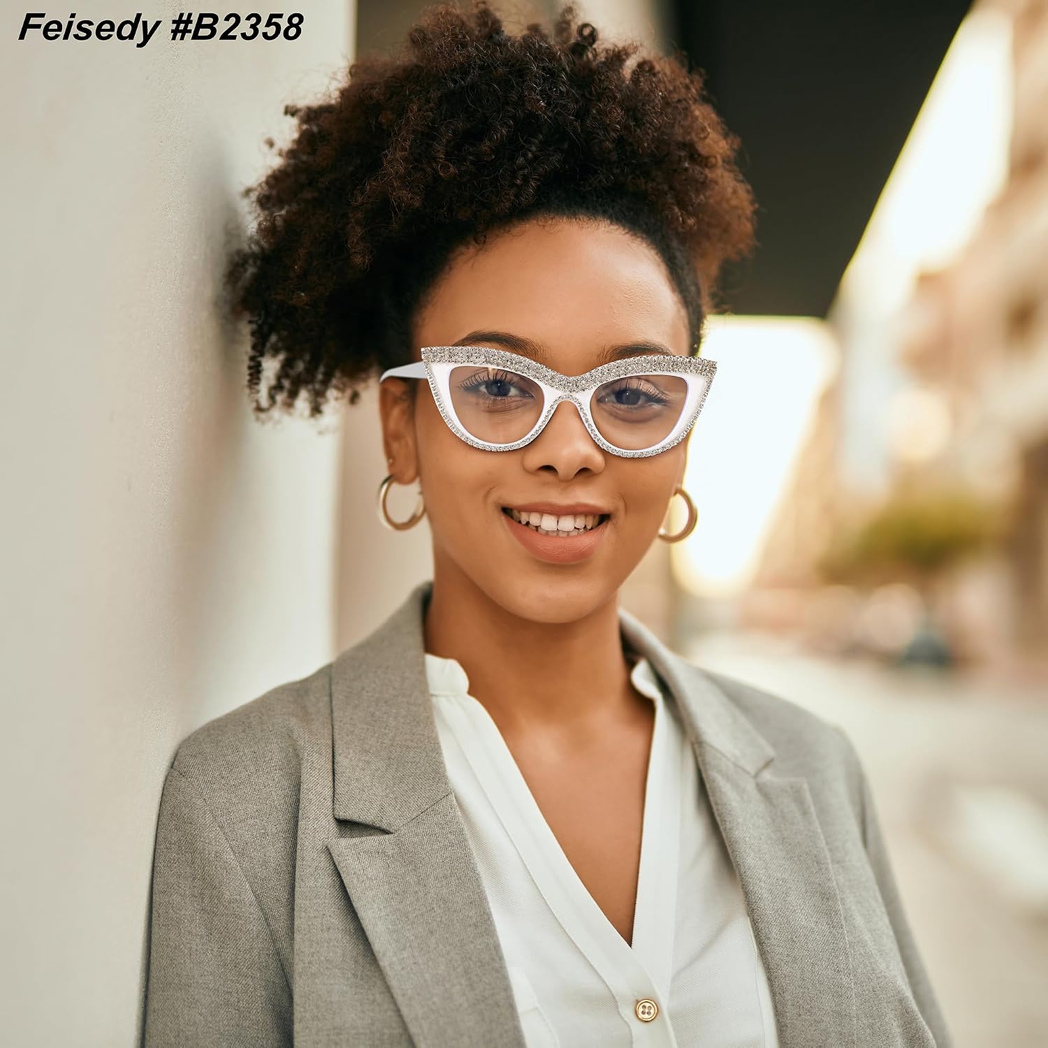 商品图片 38 | B0BLH5NHK8 | FEISEDY Diamond Blue Light Blocking Glasses Cat Eye Rhinestone Women Oversized Anti Eyestrain Computer Glasses Frame B2358