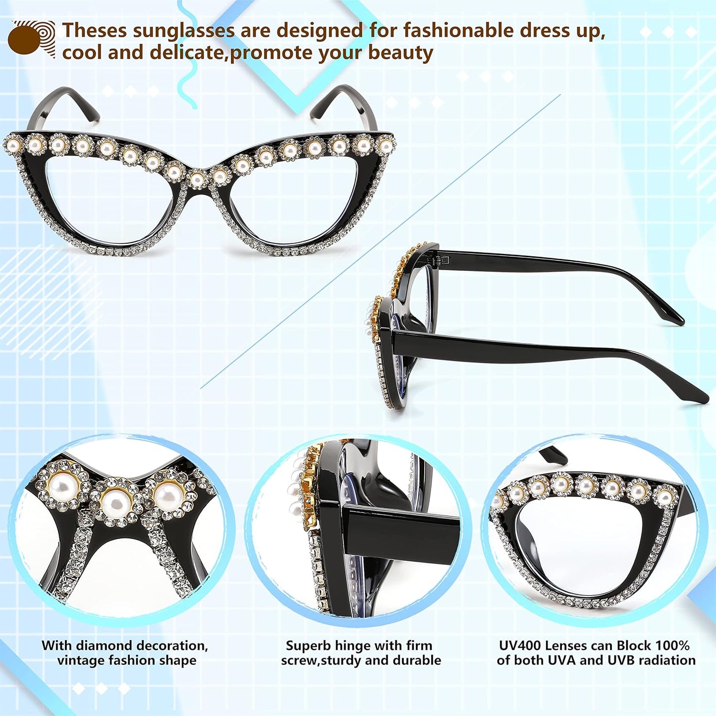 商品图片 5 | B0BLH5NHK8 | FEISEDY Diamond Blue Light Blocking Glasses Cat Eye Rhinestone Women Oversized Anti Eyestrain Computer Glasses Frame B2358