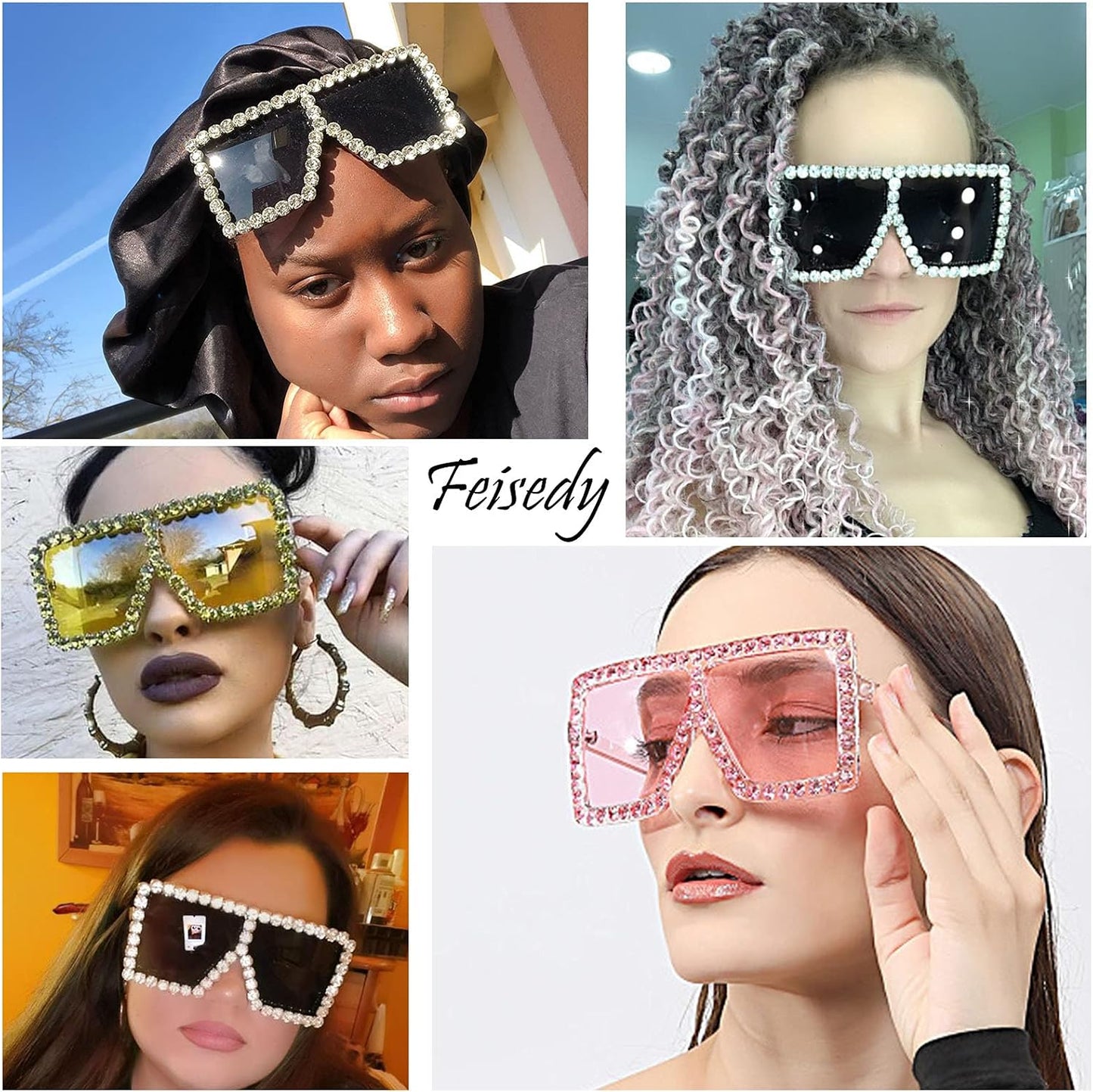 商品图片 28 | B096YZPRF2 | FEISEDY Oversized Sparkling Crystal Sunglasses Disco Diamond Flat Top Fashion Square Large Shades B2782