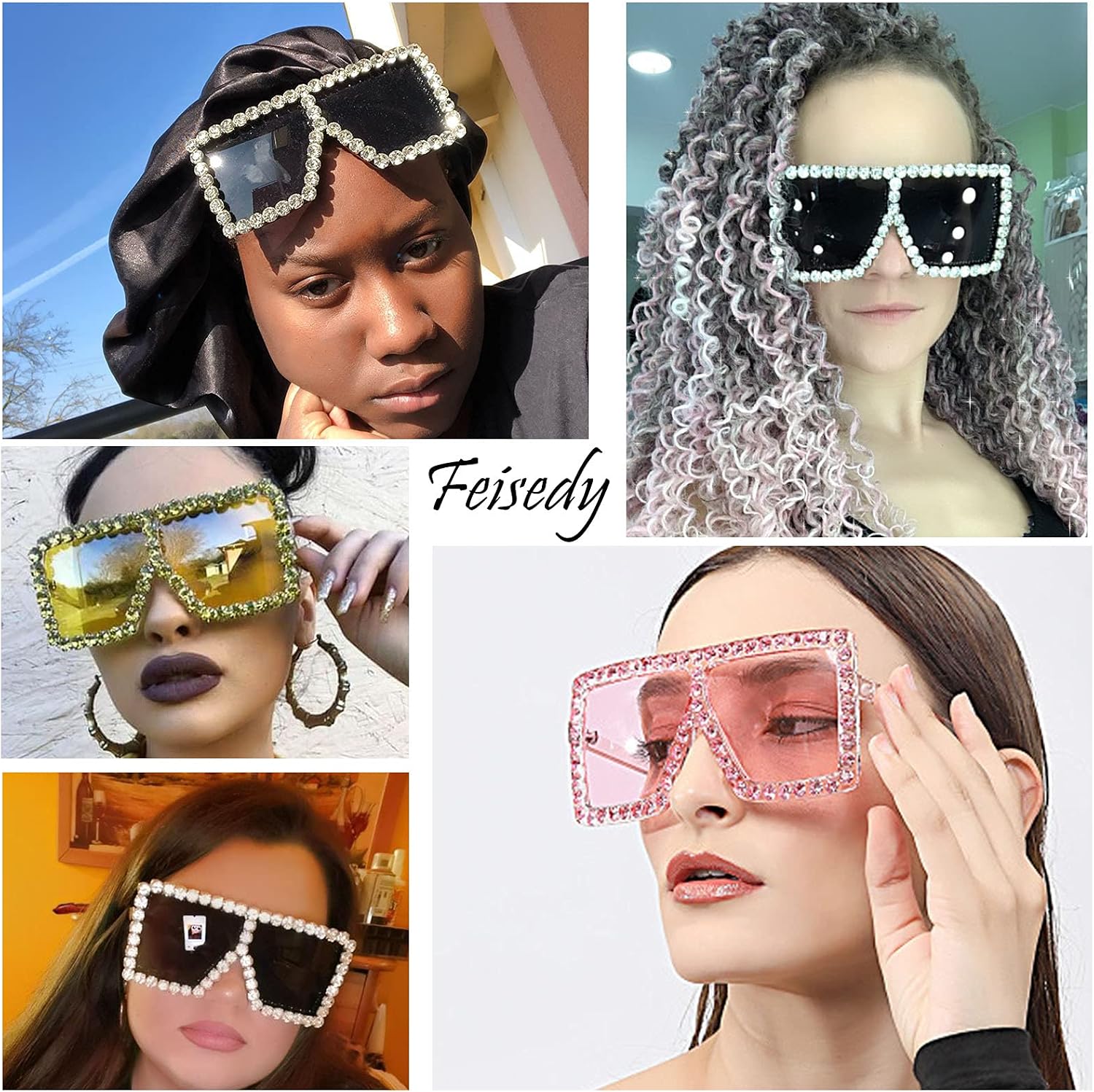 商品图片 28 | B096YZPRF2 | FEISEDY Oversized Sparkling Crystal Sunglasses Disco Diamond Flat Top Fashion Square Large Shades B2782