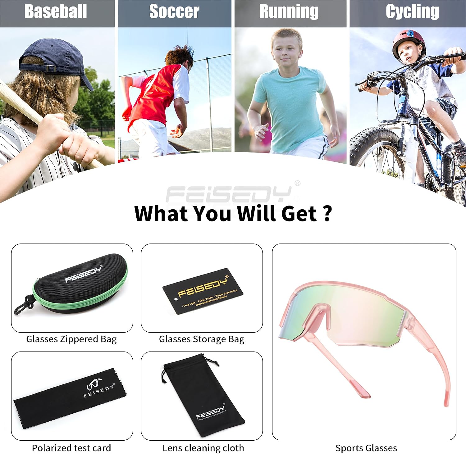 商品图片 13 | B0D95W5582 | FEISEDY Kids Sunglasses Youth Baseball Polarized Sunglasses Sports Lightweight TR90 Frame Boys Girls Cycling B0213