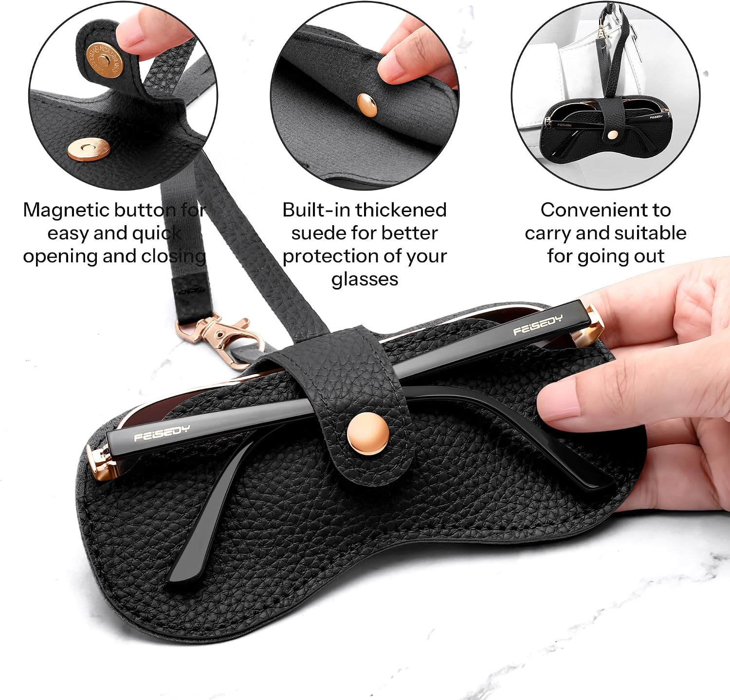 商品图片 3 | B0FMY27LR3 | FEISEDY Sunglass Case, 2Pcs Soft Leather Eyeglass Cases for Women | Slim Portable Glasses Holder, with Button-Closure Wrist Strap for Travel & Outdoor B0308