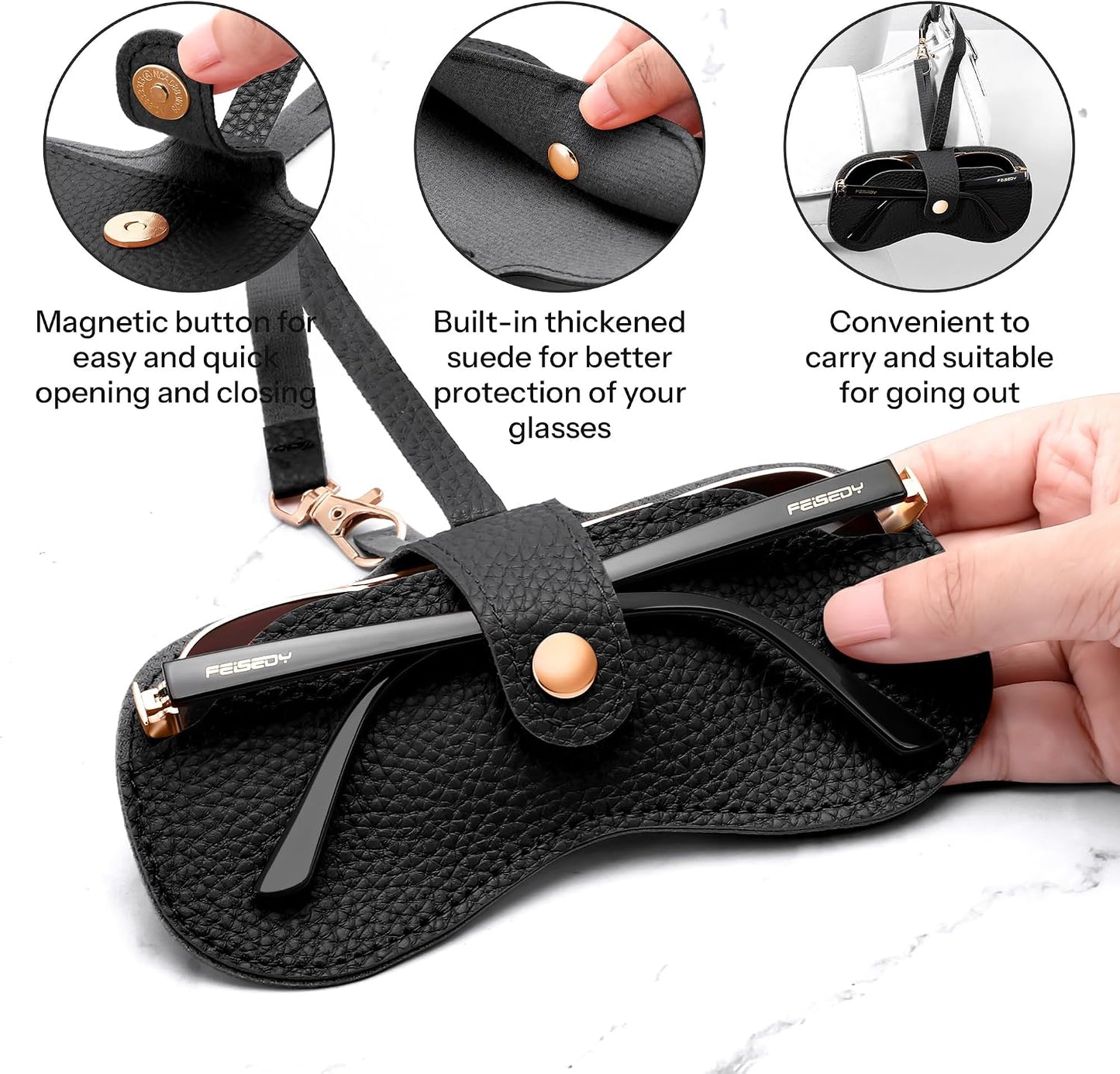 商品图片 3 | B0FMY27LR3 | FEISEDY Sunglass Case, 2Pcs Soft Leather Eyeglass Cases for Women | Slim Portable Glasses Holder, with Button-Closure Wrist Strap for Travel & Outdoor B0308
