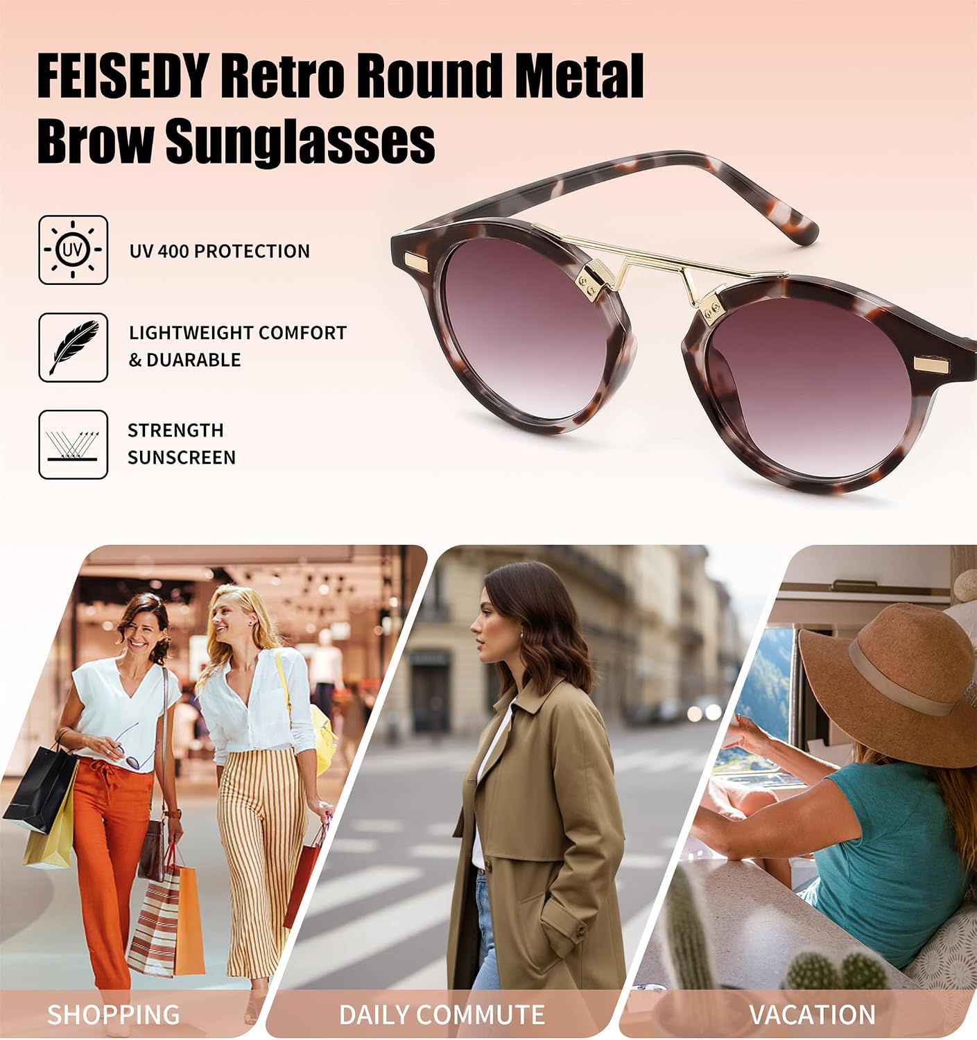 商品图片 28 | B0GX62YR7C | FEISEDY Retro Round Metal Brow Sunglasses for Women for Small Face B0427
