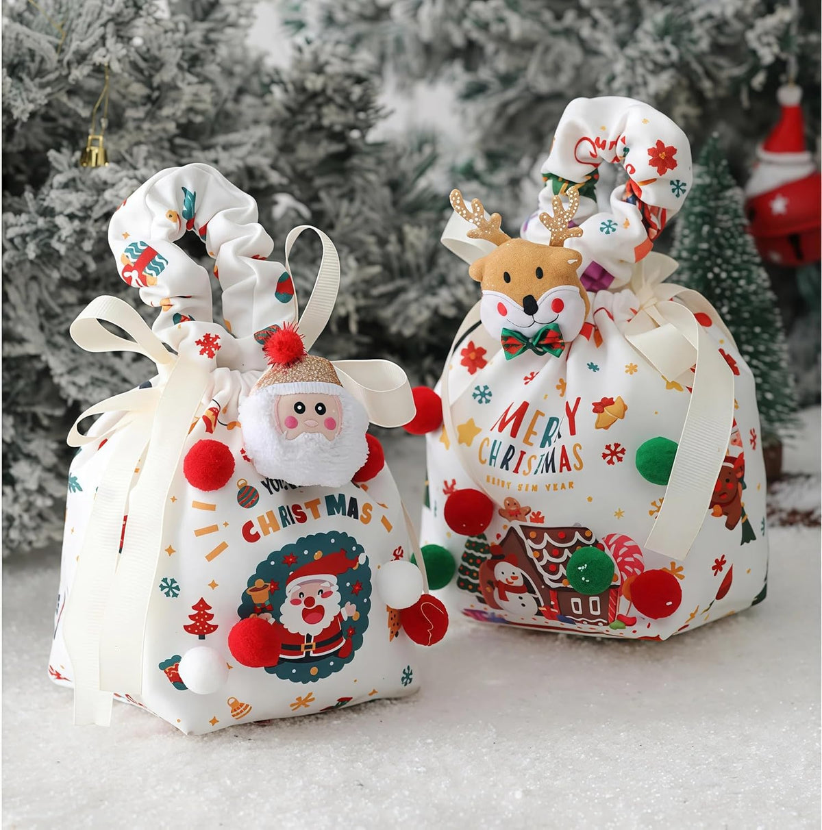商品图片 3 | B0FYF6NKRV | Fabric Christmas Bags with Plush Ball & Rag Doll, Gift Bags for Christmas Presents, Reusable Fabric Apple Pouch for Candy