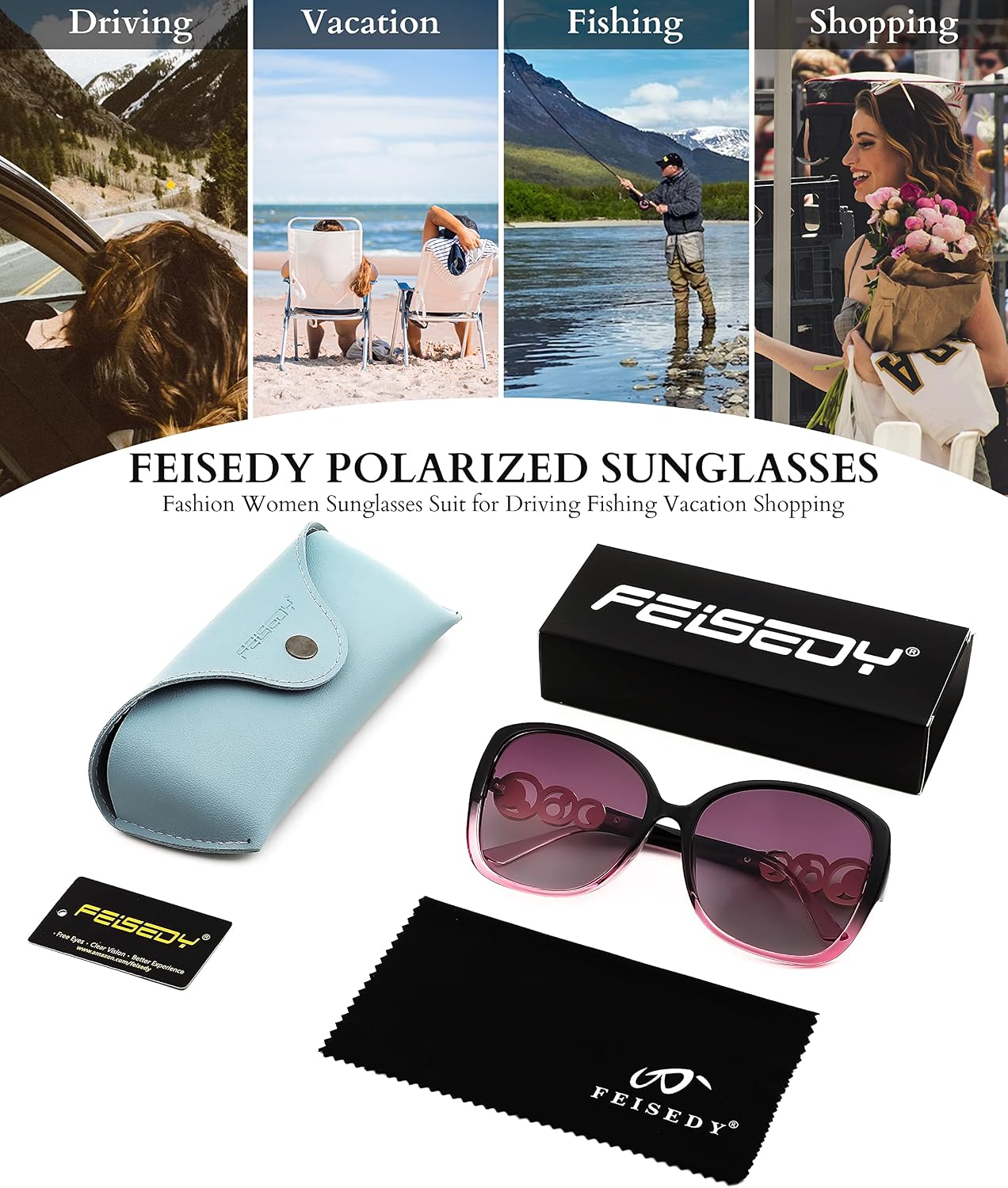 商品图片 56 | B0BJ71VZCB | FEISEDY Women's Fashion Sunglasses, Oversized Square Frame with Pearl Sparkling, Polarized UV Protection B2821