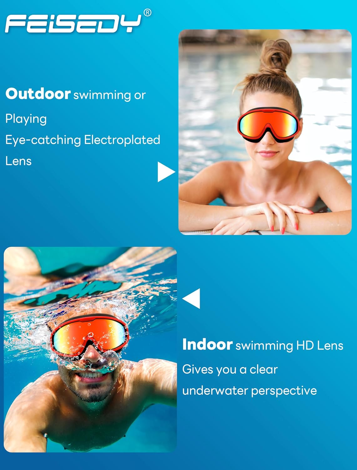商品图片 21 | B0BWF3RZK7 | FEISEDY Swim Goggles No Leaking Anti-Fog Pool Goggles Swimming Goggles Adult Men Women Youth, 180° Clear Vision UV400 B2389