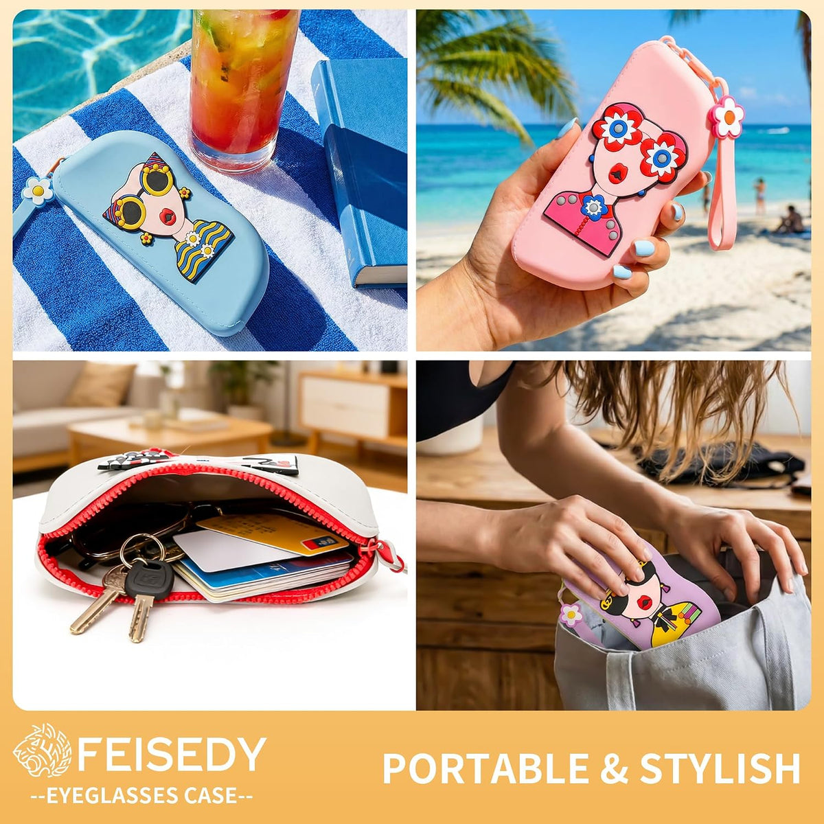 ÉÌƷͼƬ 2 | B0GFYLNWFJ | FEISEDY 2Pack Cartoon Silicone Glasses Pouch with Carrying Strap Cute Protective Eyewear Case for Travel B0386
