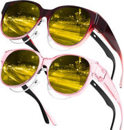 Gradual Wine Red Frame + Transparent Pink Frame / 55 Millimeters | B0FX4Q8N17 | FEISEDY 2Pack Night Driving Glasses Over Glasses with Yellow Lenses Fit Over Polarized Nighttime Sunglasses B0331