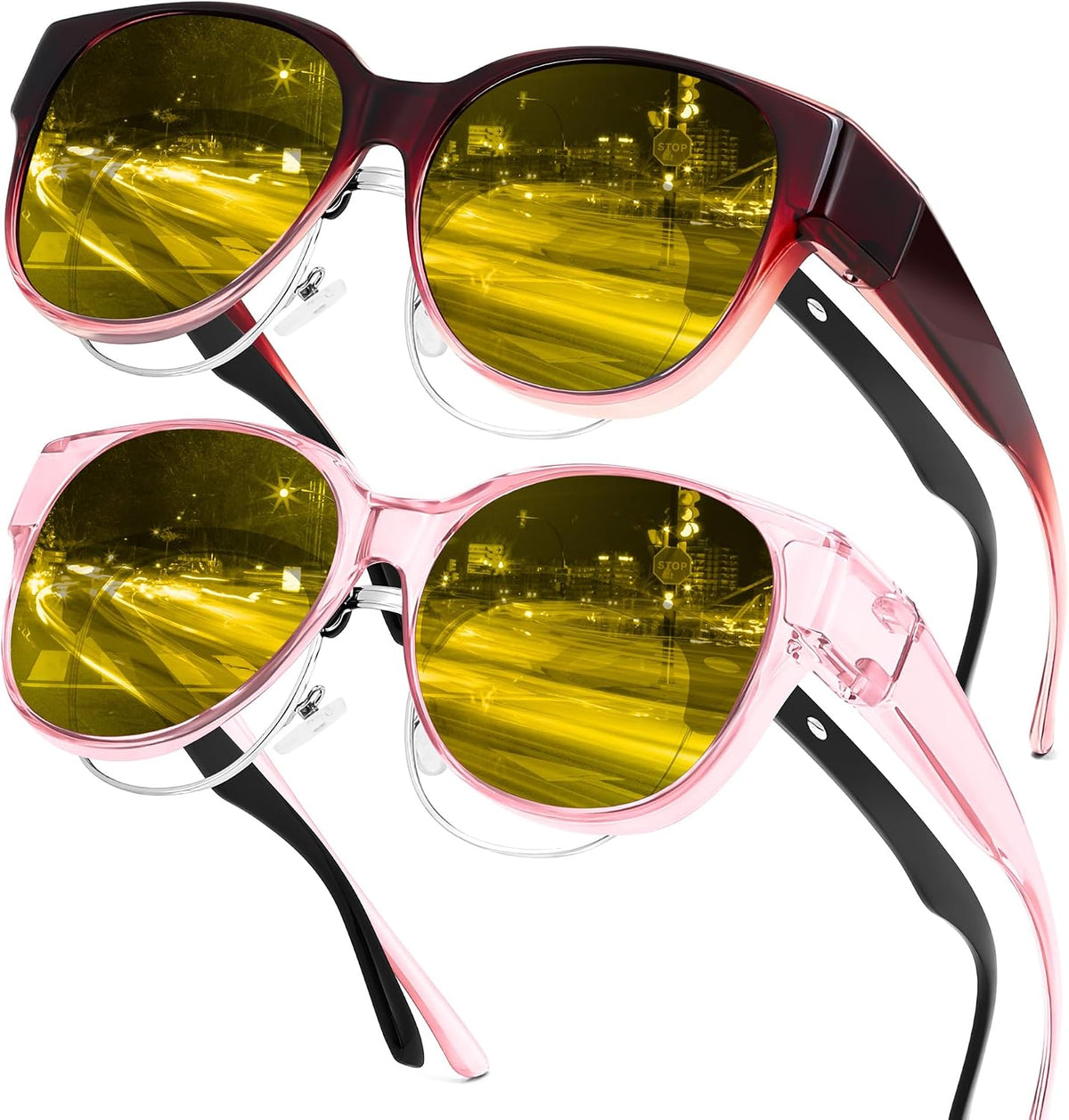 Gradual Wine Red Frame + Transparent Pink Frame / 55 Millimeters | B0FX4Q8N17 | FEISEDY 2Pack Night Driving Glasses Over Glasses with Yellow Lenses Fit Over Polarized Nighttime Sunglasses B0331