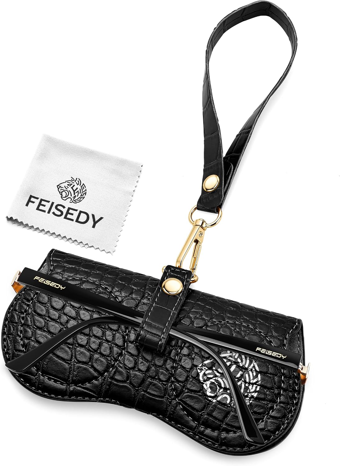 Matte Black | B0H4R4G9T9 | FEISEDY Soft Crocodile Textured Leather Sunglass Bag, Portable Glasses Pouch With Button Clip Wrist Strap B0366