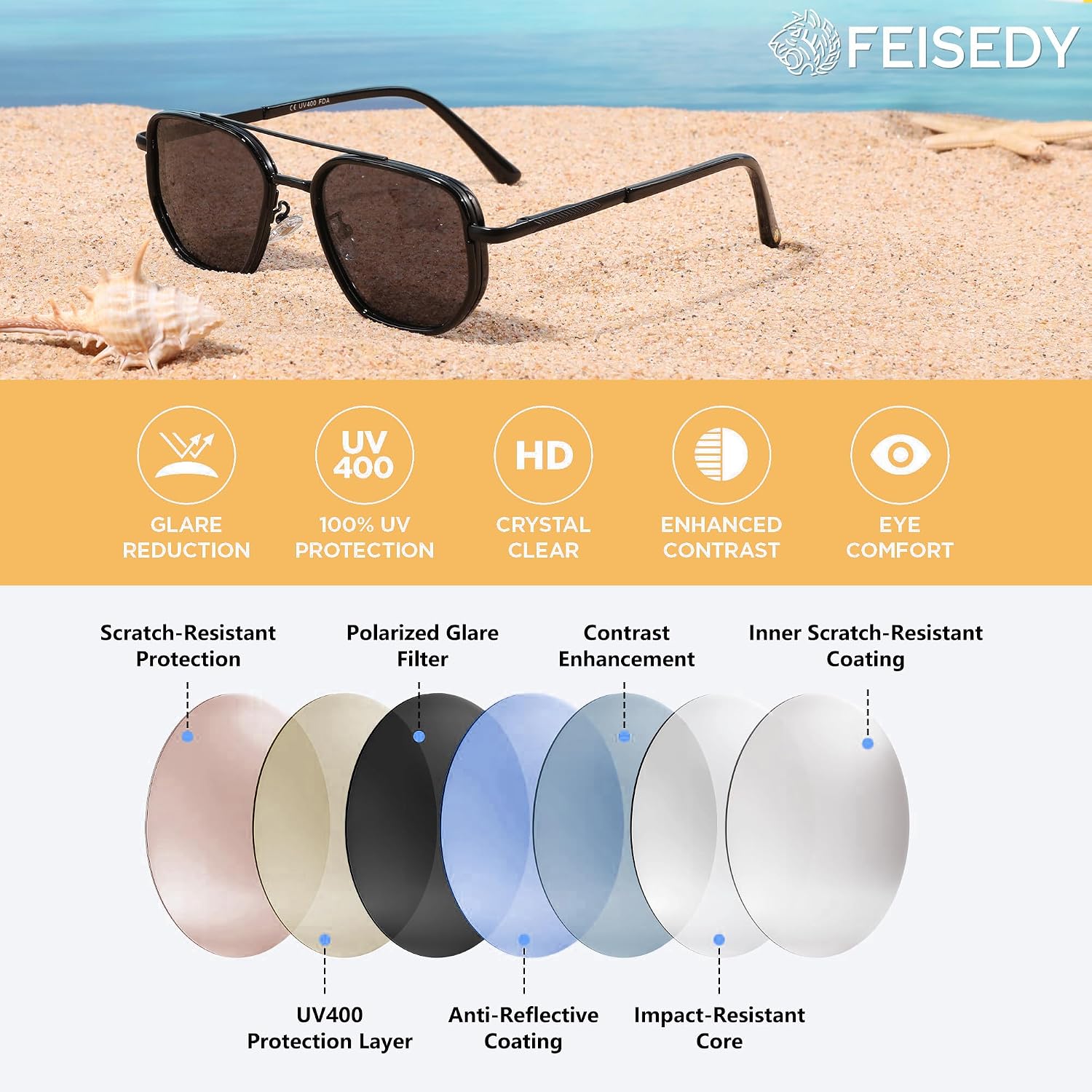 商品图片 5 | B0FQ4Y7FV6 | FEISEDY Polarized Aviator Sunglasses for Women Men Square TAC Lens B0329 | UV400 protection, Lightweight, Military-grade durability, Spring temples, Climate Pledge Friendly, Driving, Beach