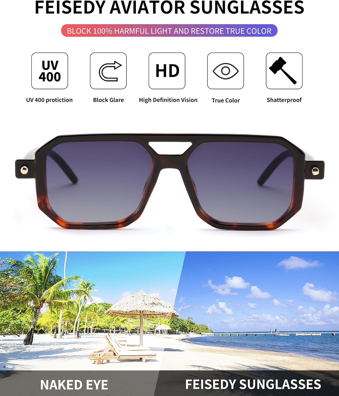 商品图片 149 | B09YTJ4FQZ | FEISEDY Vintage Square 70s Flat Aviator Sunglasses Women Men Classic Retro Stylish Frame UV400 Sunglasses B2622