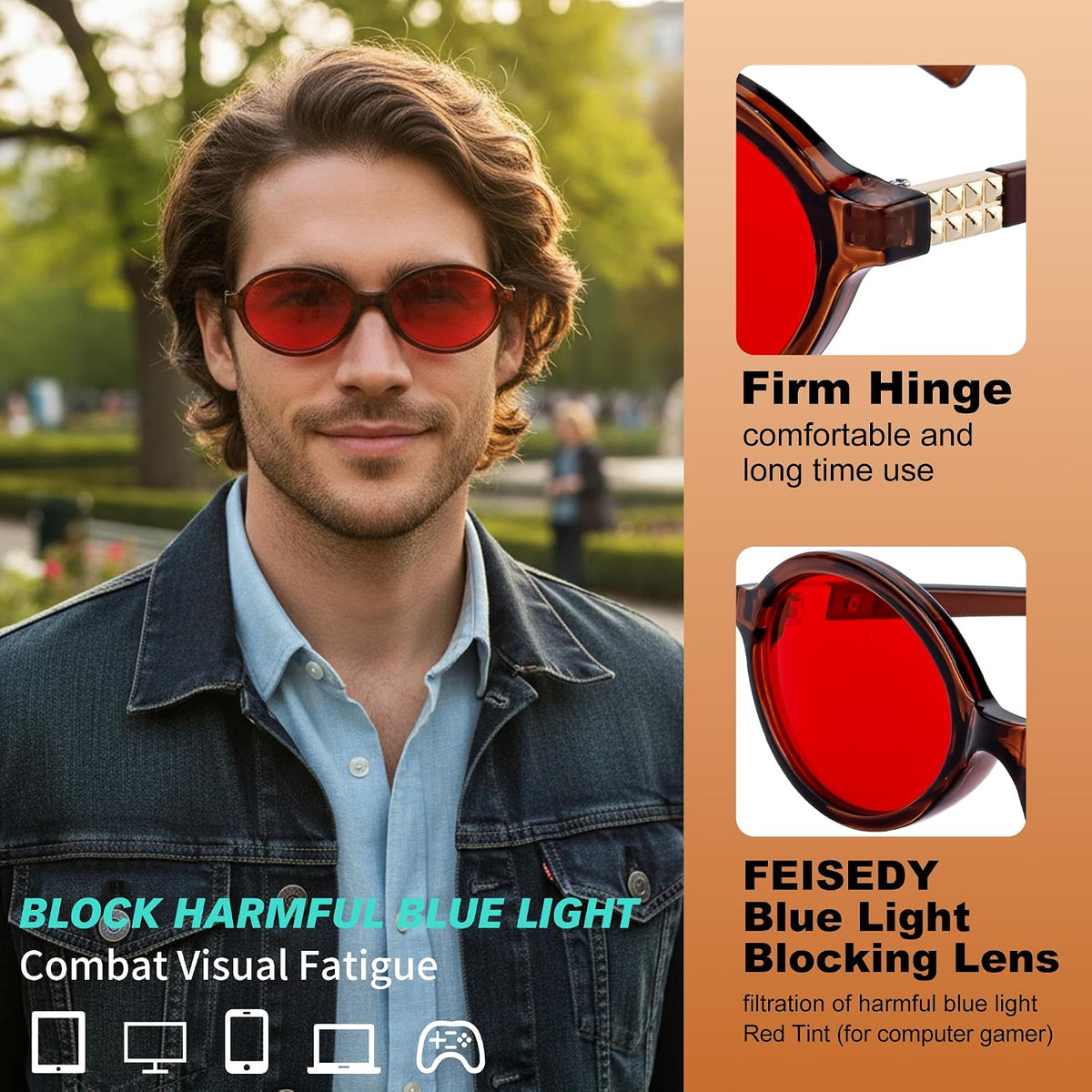ÉÌƷͼƬ 3 | B0GRTTF33N | FEISEDY Oval Blue Light Glasses for Women Men, Red Lens Anti-Blue Light, Fashion Computer Gaming Eyeglasses B0415