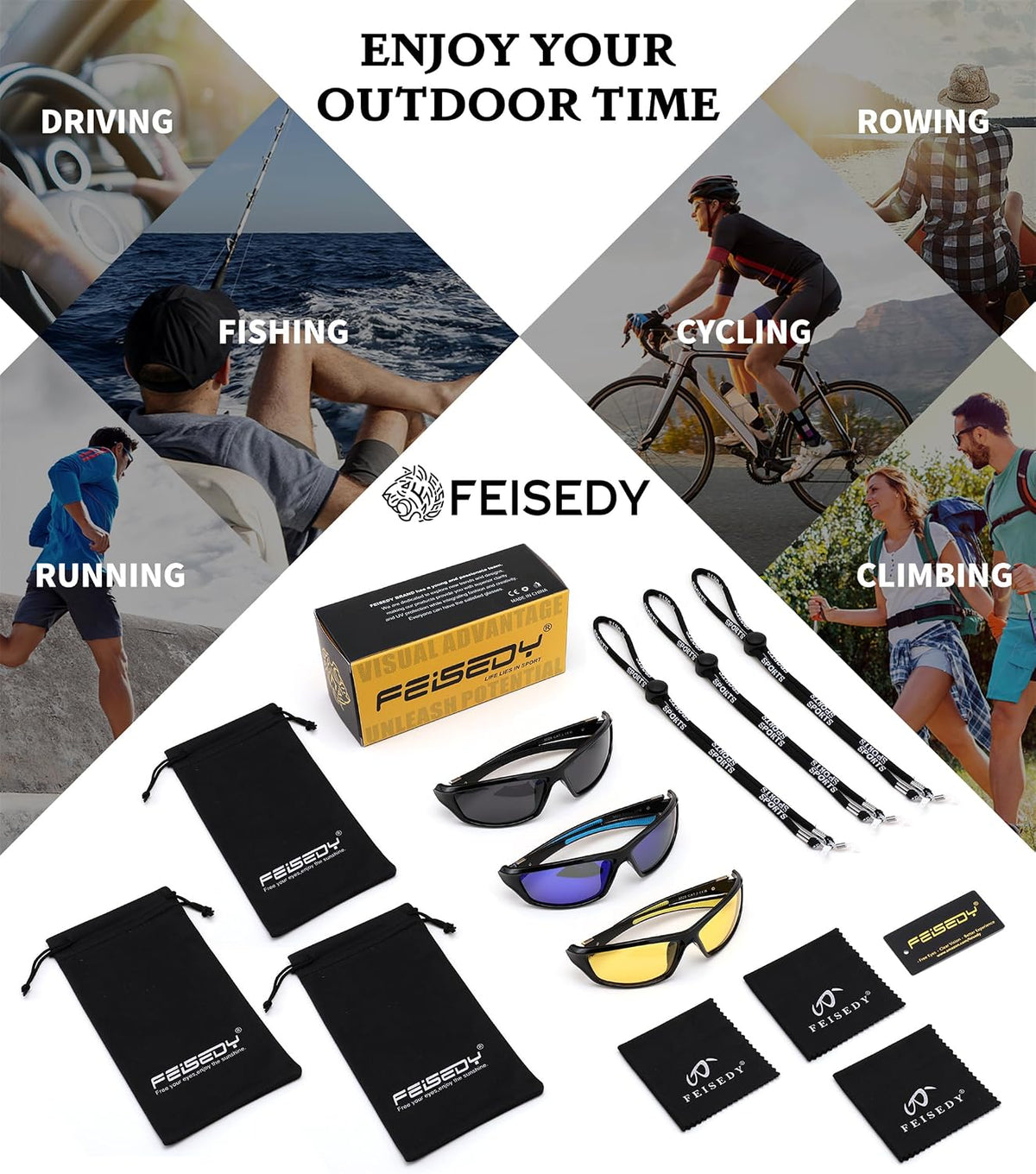 ÉÌƷͼƬ 13 | B0FG2NFPX3 | FEISEDY 3 Pack Polarized Sports Sunglasses for Men, Wrap Around Frame, UV400 Protection, Fishing Driving Cycling B2674