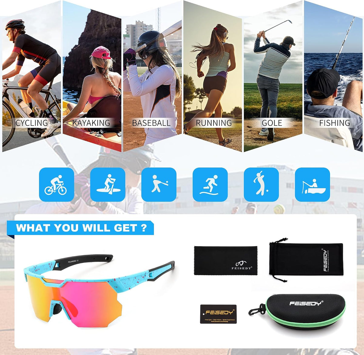 ÉÌƷͼƬ 7 | B0DPX8G9RG | FEISEDY Polarized Sports Sunglasses for Men and Women,UV400 Baseball Sunglasses Youth Cycling Softball Goggles B0206