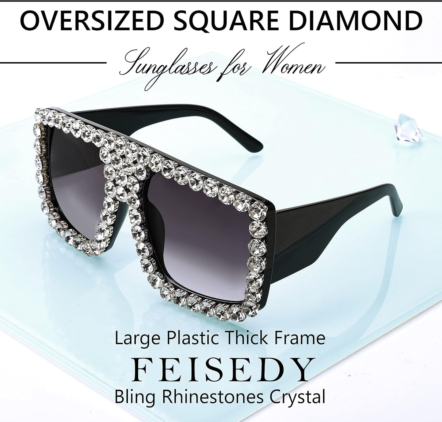 商品图片 18 | B09YHJ846J | FEISEDY Square Diamond Sunglasses for Women Retro Fashion Shiny Rhinestone Sun Glasses B2916