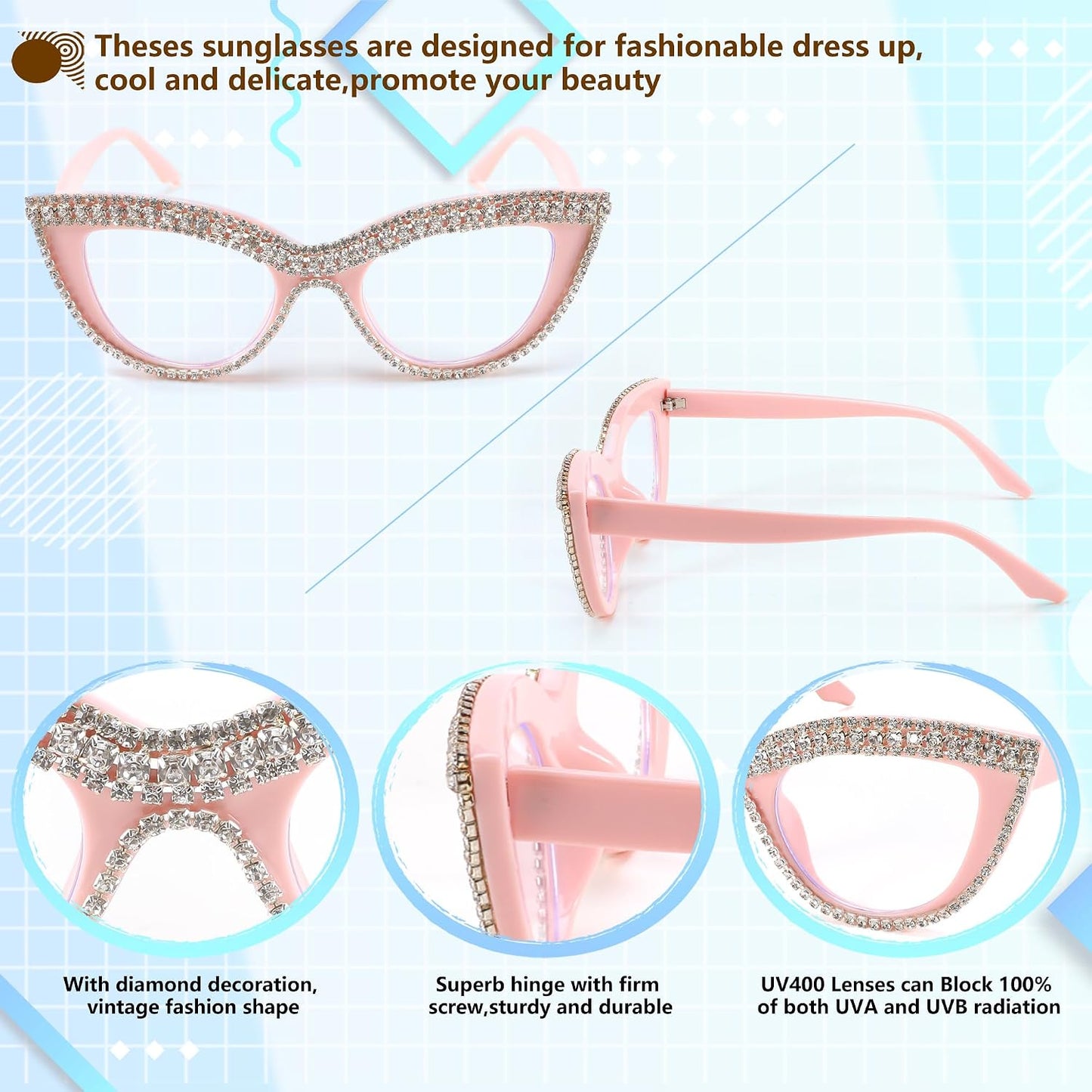 商品图片 13 | B0BLH5NHK8 | FEISEDY Diamond Blue Light Blocking Glasses Cat Eye Rhinestone Women Oversized Anti Eyestrain Computer Glasses Frame B2358