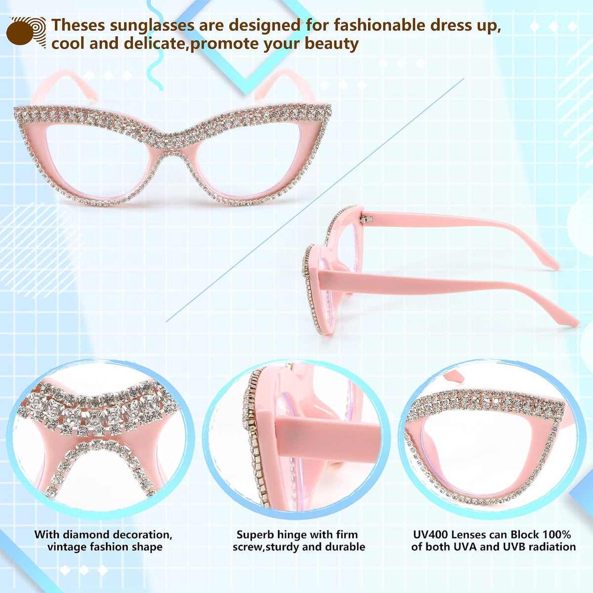 ÉÌƷͼƬ 13 | B0BLH5NHK8 | FEISEDY Diamond Blue Light Blocking Glasses Cat Eye Rhinestone Women Oversized Anti Eyestrain Computer Glasses Frame B2358