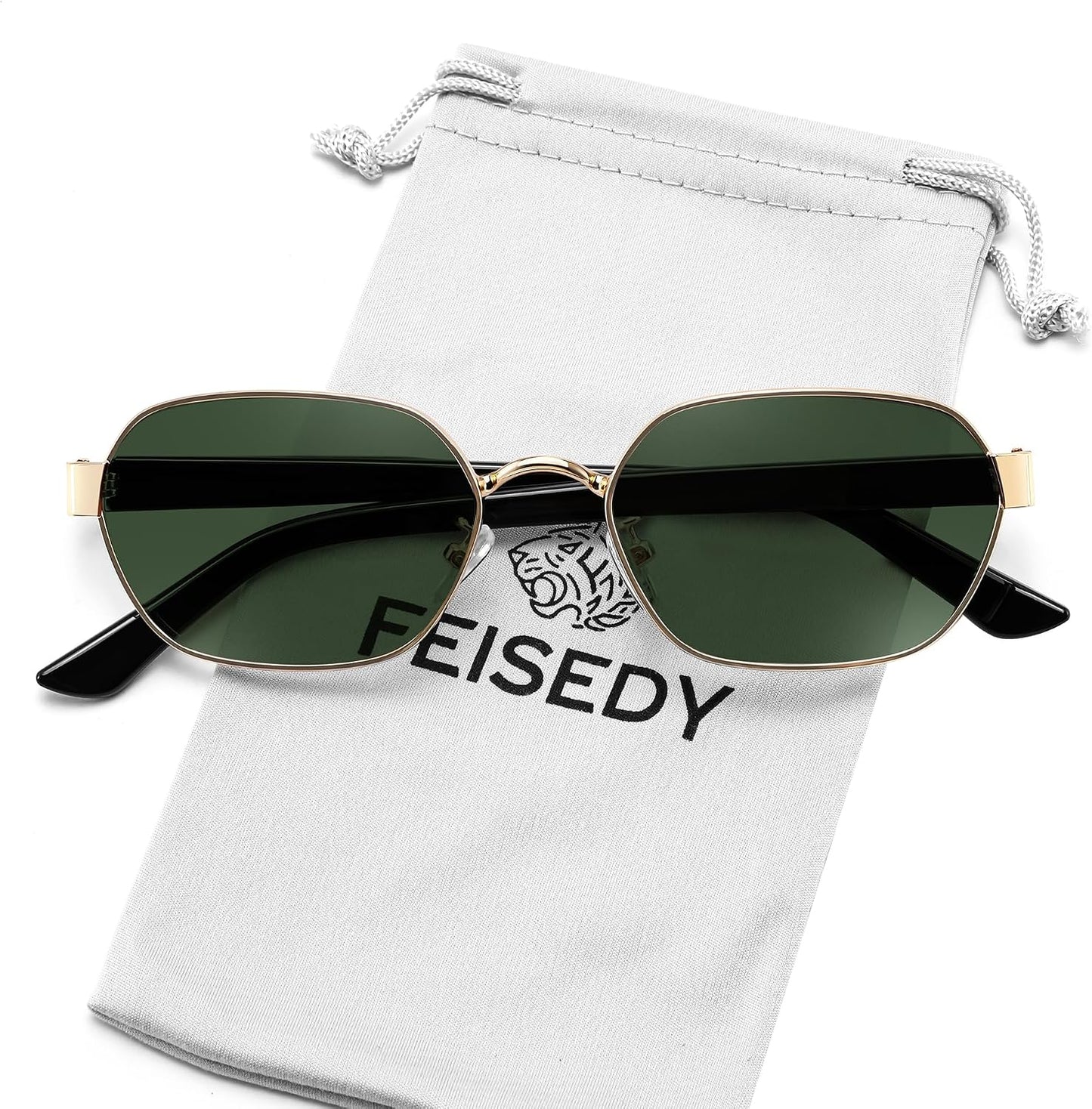 Gold Frame + Dark Green Lens / 54 Millimeters | B0GY3XX2VQ | FEISEDY Women and Men UV400 Protection Sunglasses, Polygon Square Metal Frame Retro Stylish Shades B0452