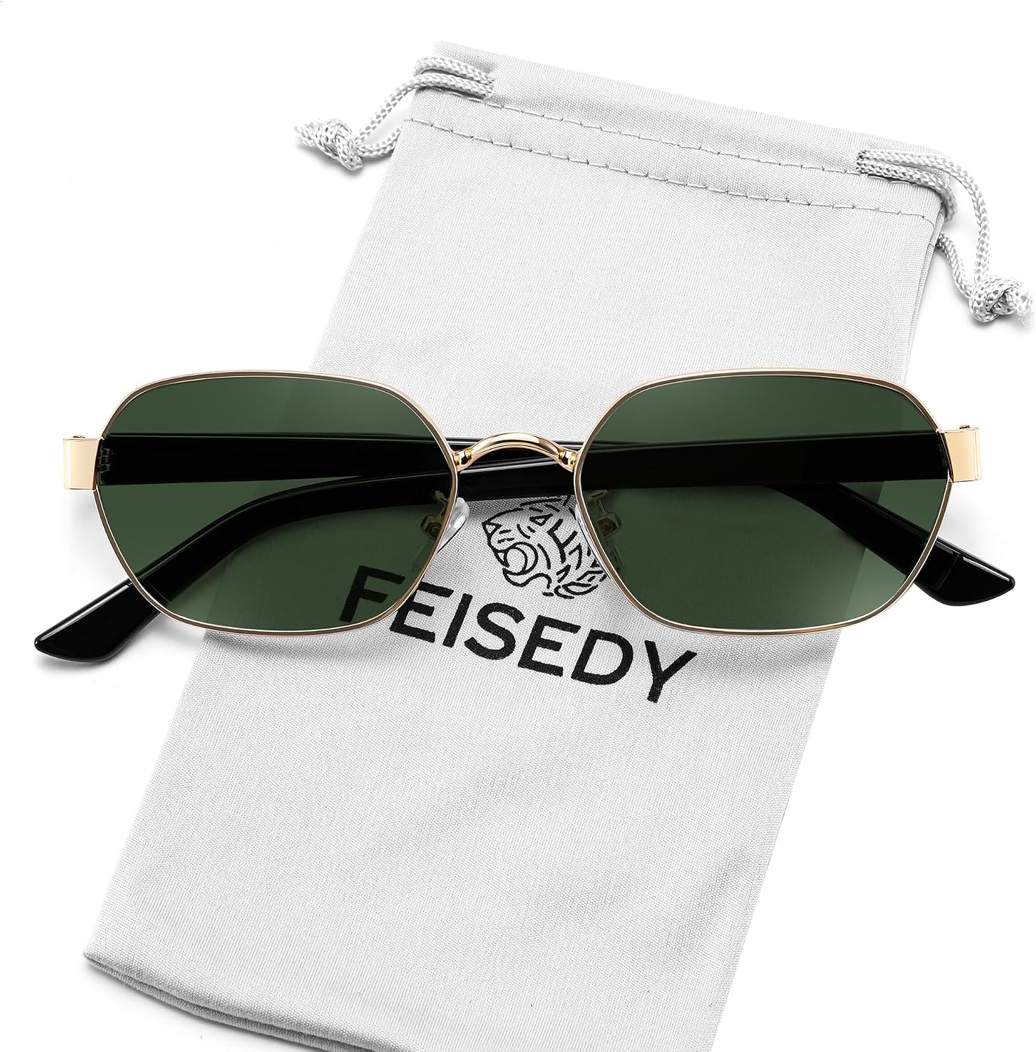 Gold Frame + Dark Green Lens / 54 Millimeters | B0GY3XX2VQ | FEISEDY Women and Men UV400 Protection Sunglasses, Polygon Square Metal Frame Retro Stylish Shades B0452