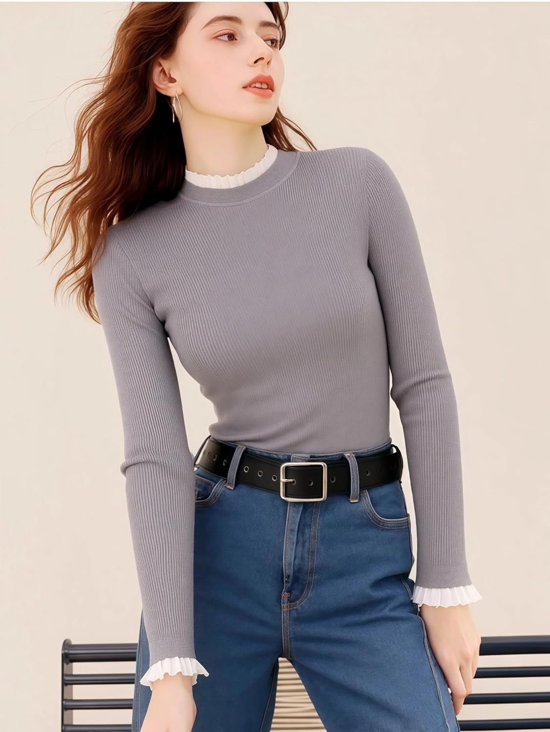 One Size / Grey | B0G13H6Y6Z | Women's Turtleneck Sweater Long Sleeve Winter Clothes, Elegant Lace Trim Ribbed Knit, Soft Thermal Top for Daily Wear
