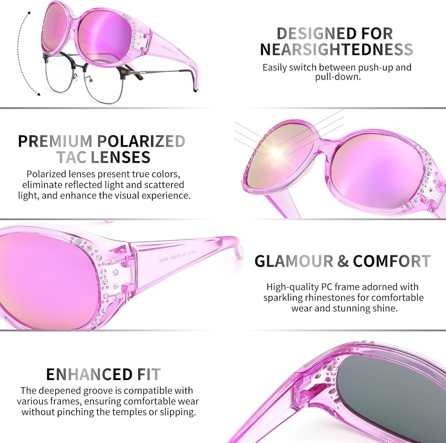商品图片 22 | B0GRVLVZYS | FEISEDY Women's Polarized Wrap-Around Fit Over Sunglasses with Rhinestones, Anti-Glare Driving Sun Glasses B0362