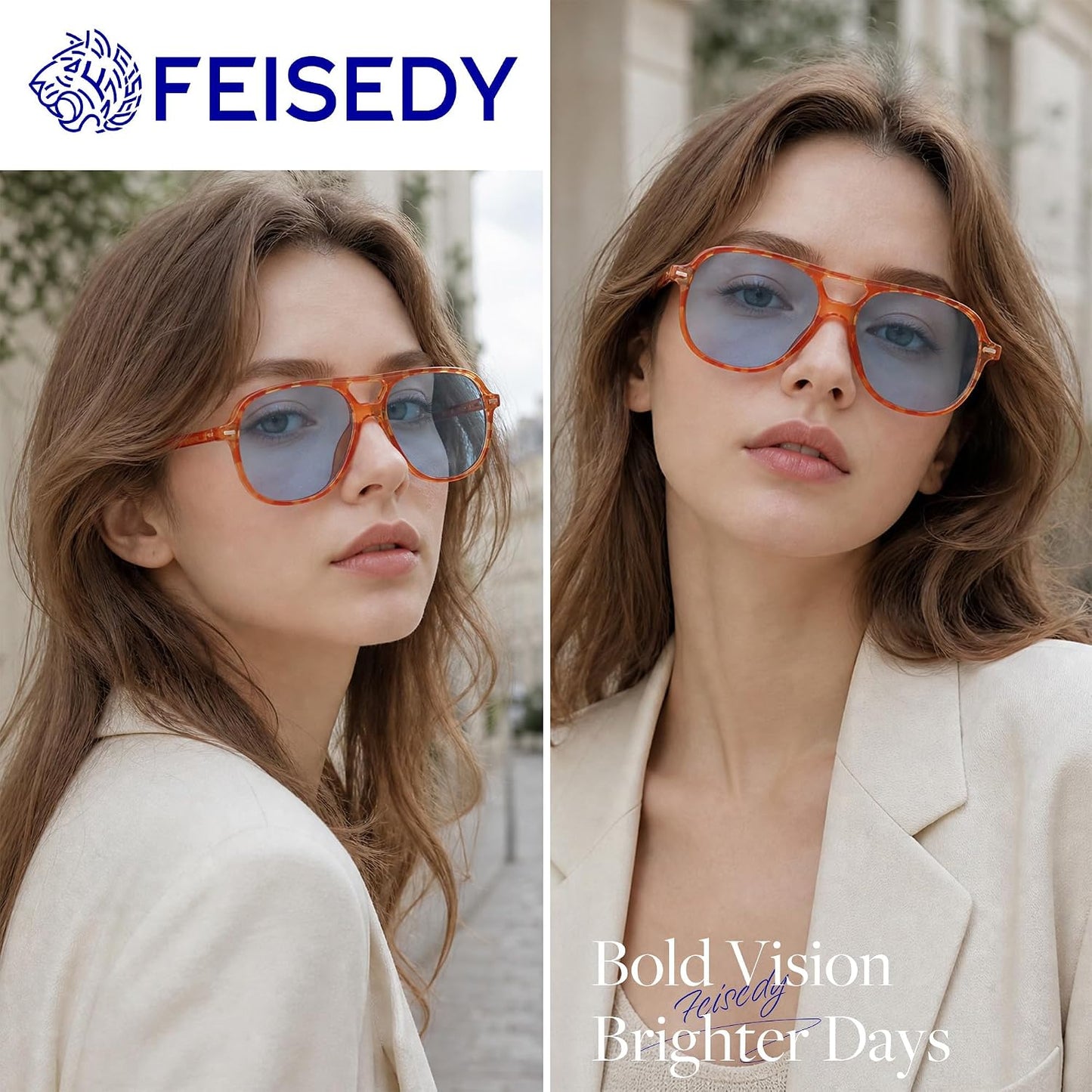商品图片 34 | B0H1WCGC42 | FEISEDY Retro Square Aviator Sunglasses Women Men Double Bridge B0443