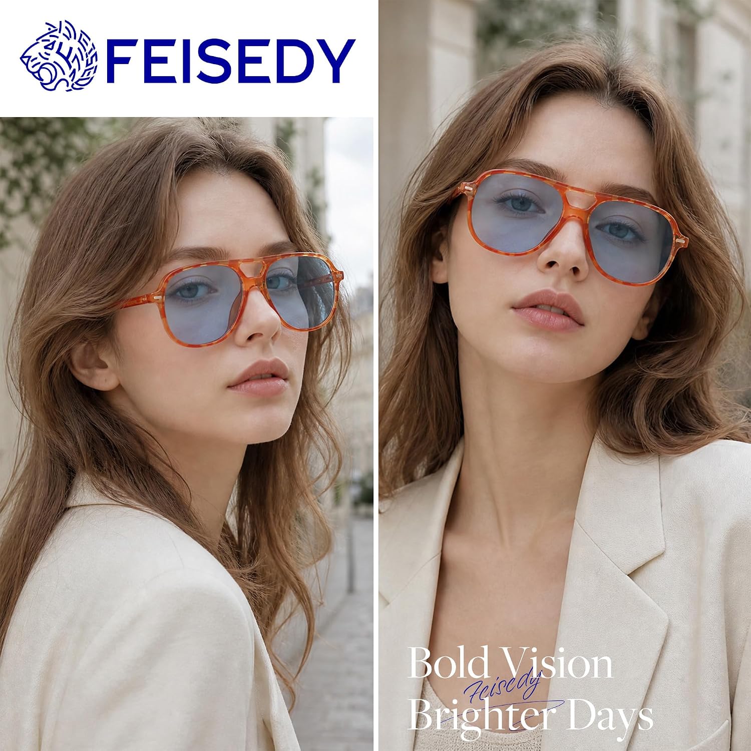 商品图片 34 | B0H1WCGC42 | FEISEDY Retro Square Aviator Sunglasses Women Men Double Bridge B0443
