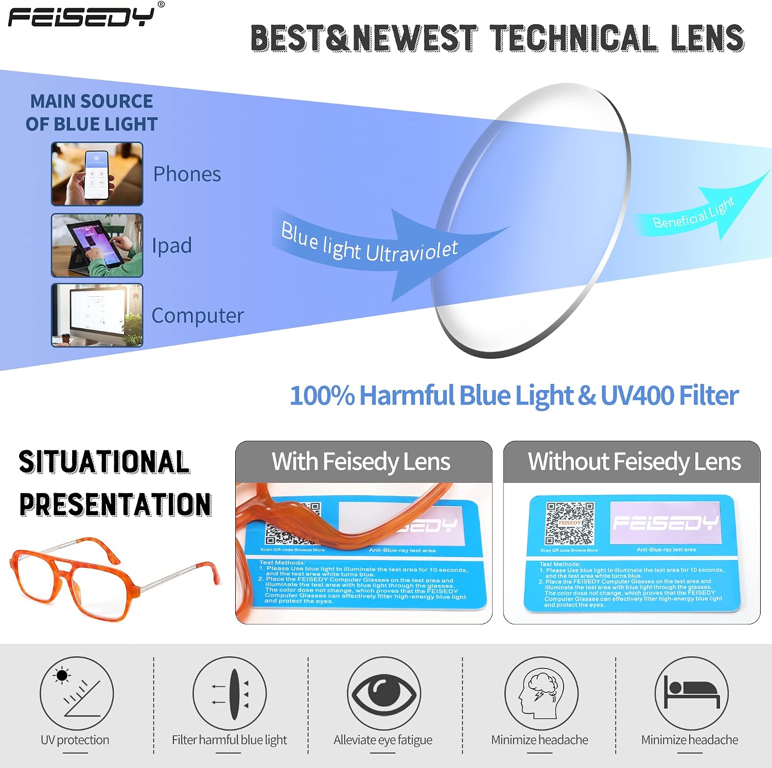 商品图片 19 | B0C65DXFMC | FEISEDY Retro Square Blue Light Blocking Reading Glasses for Women Men 70s Flat Aviator Glasses Anti-Fatigue Reader B2993